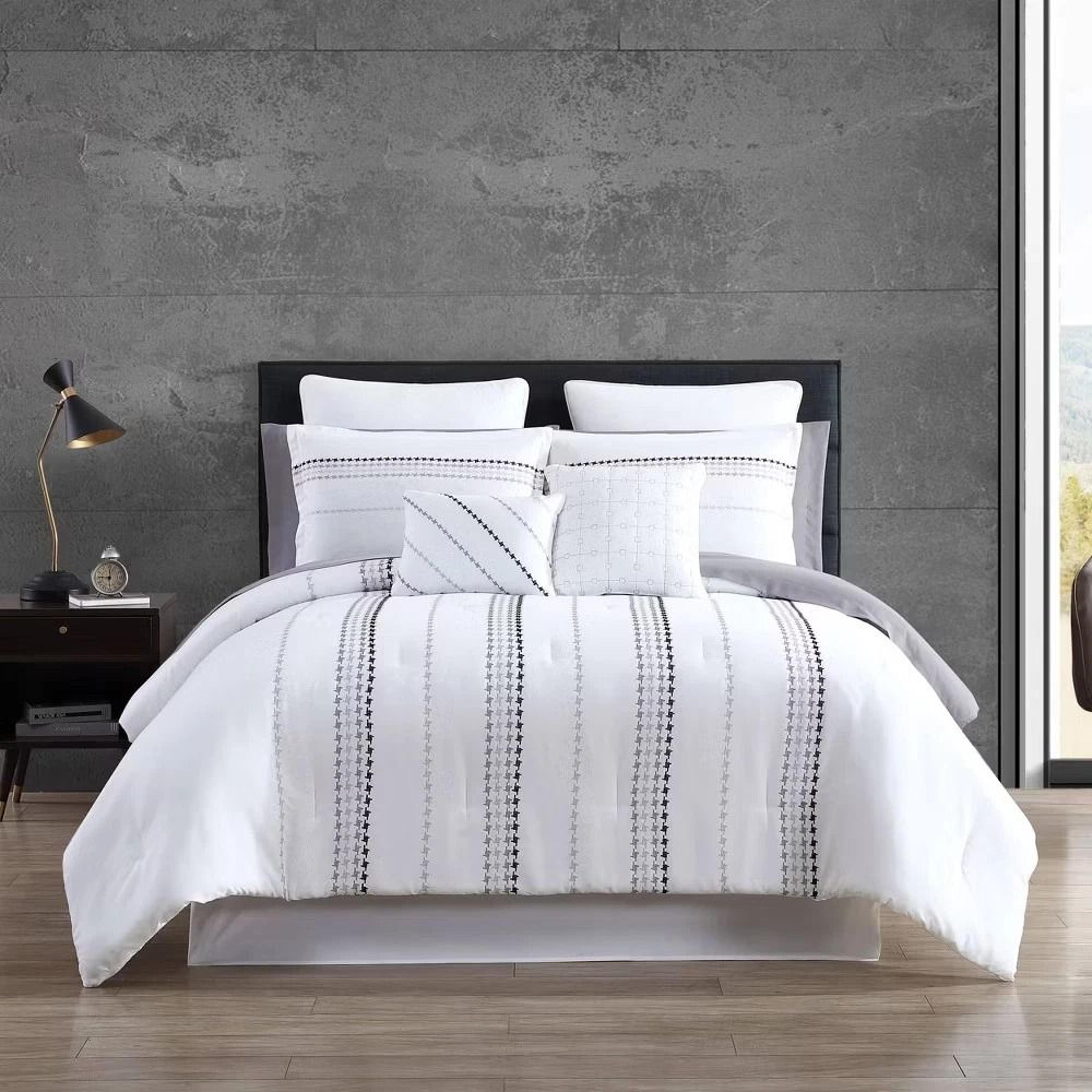 elegant comforter set, embroidered dots in gray/white, queen, includes sheets, pillows, and bed skirt
