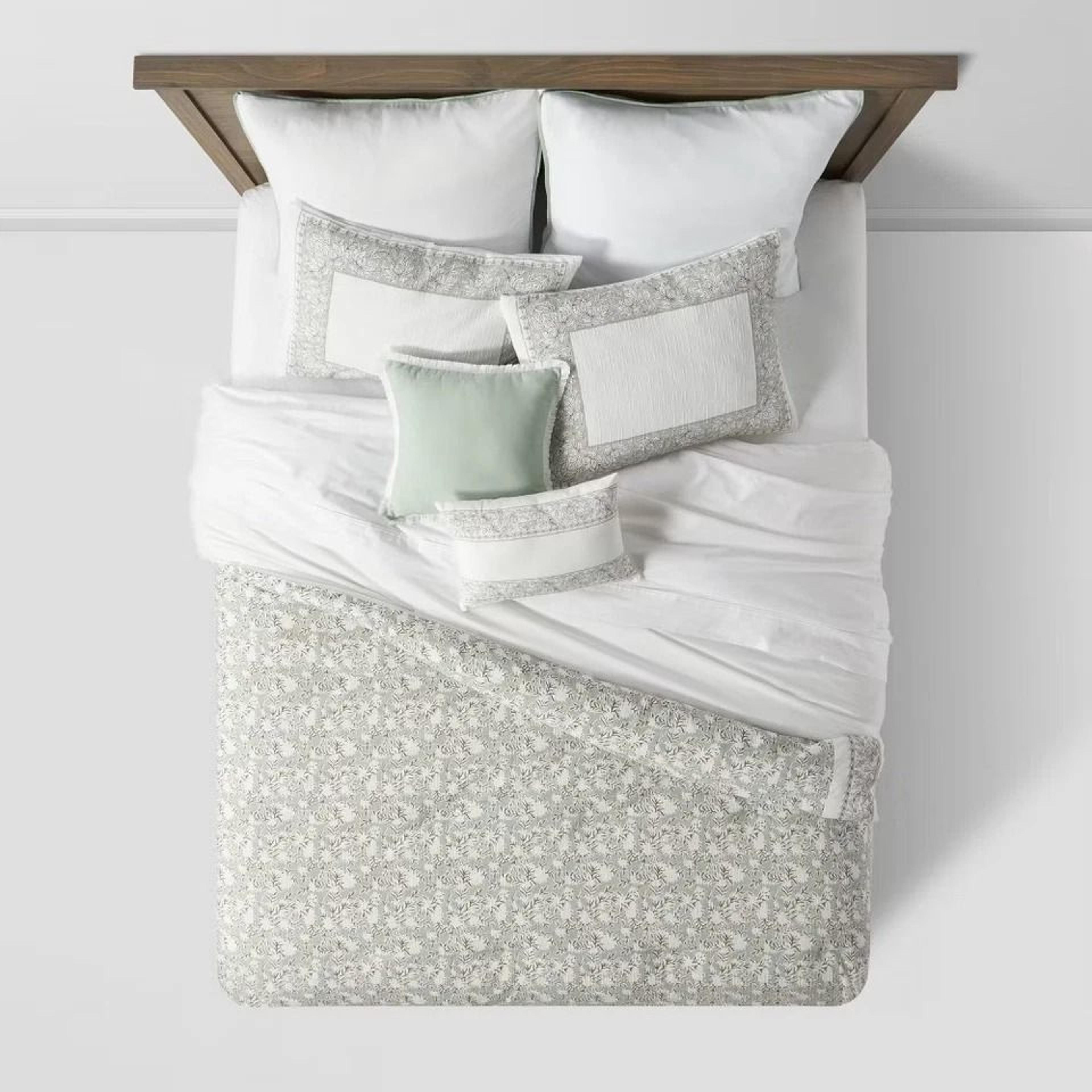 king floral comforter set green - threshold, luxury bedding with decorative pillows and bedskirt for cozy bedroom