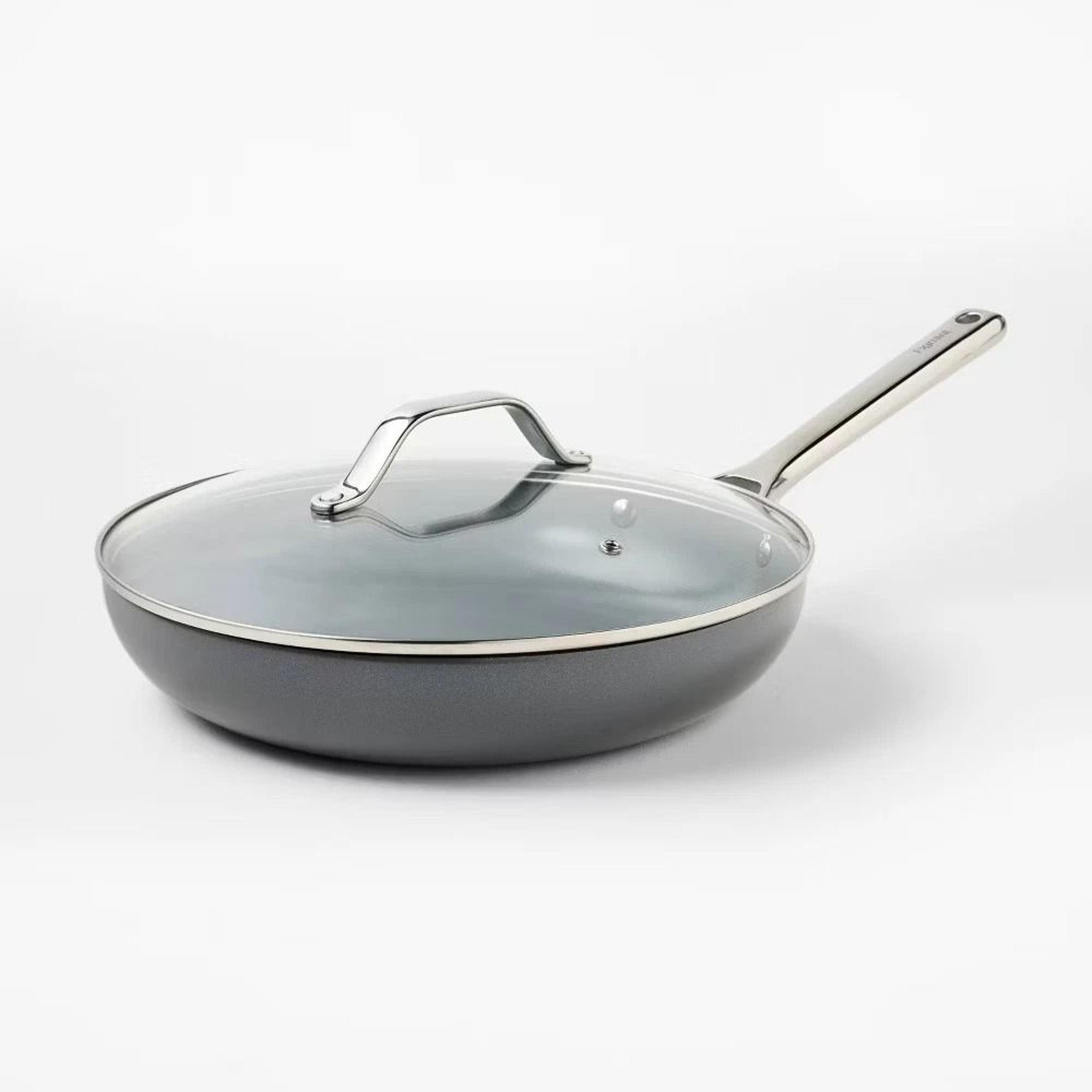 dark gray nonstick ceramic coated aluminum frypan with cover, dishwasher safe, oven safe, induction and gas