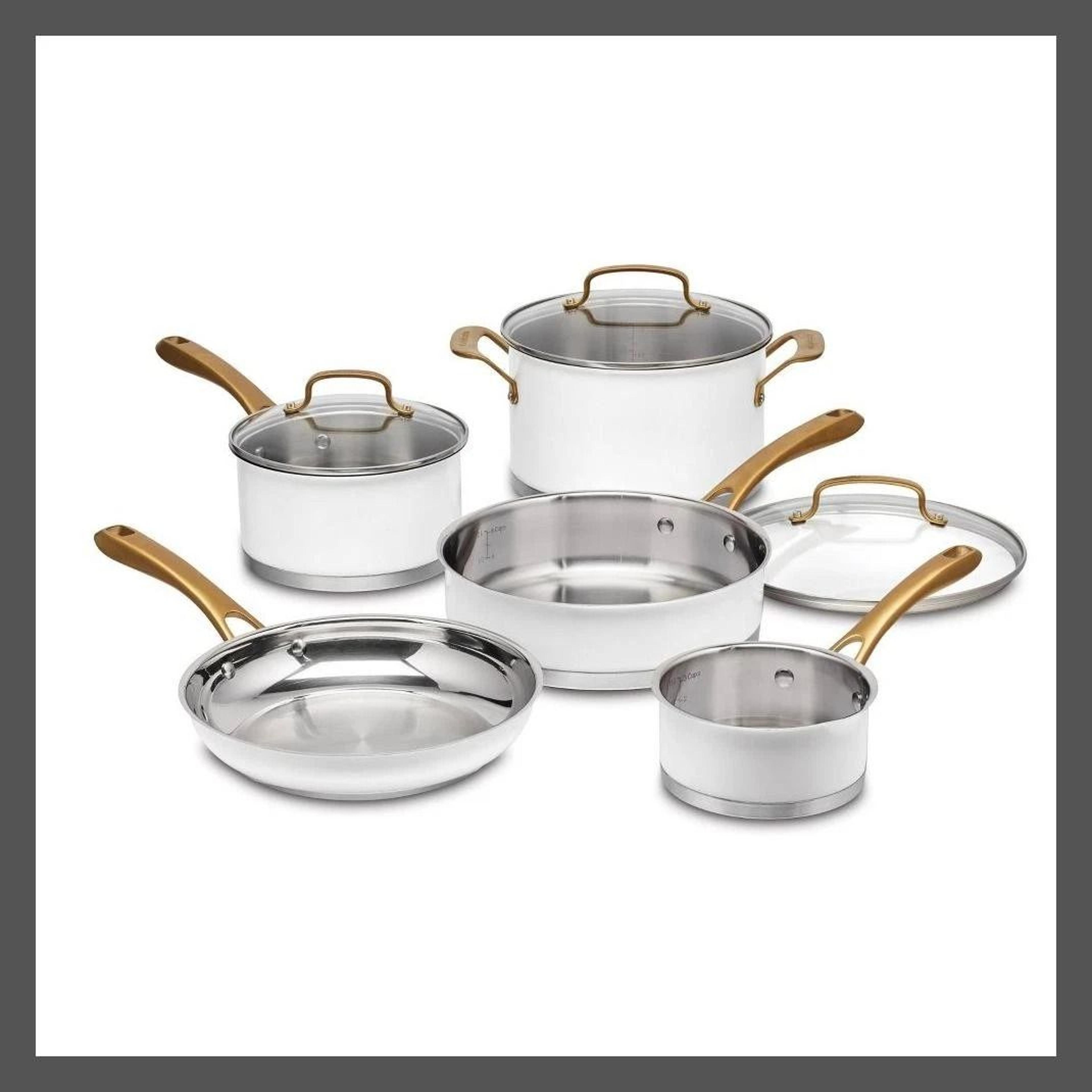 matte white stainless steel cookware set, brushed gold handles, even heating, oven safe