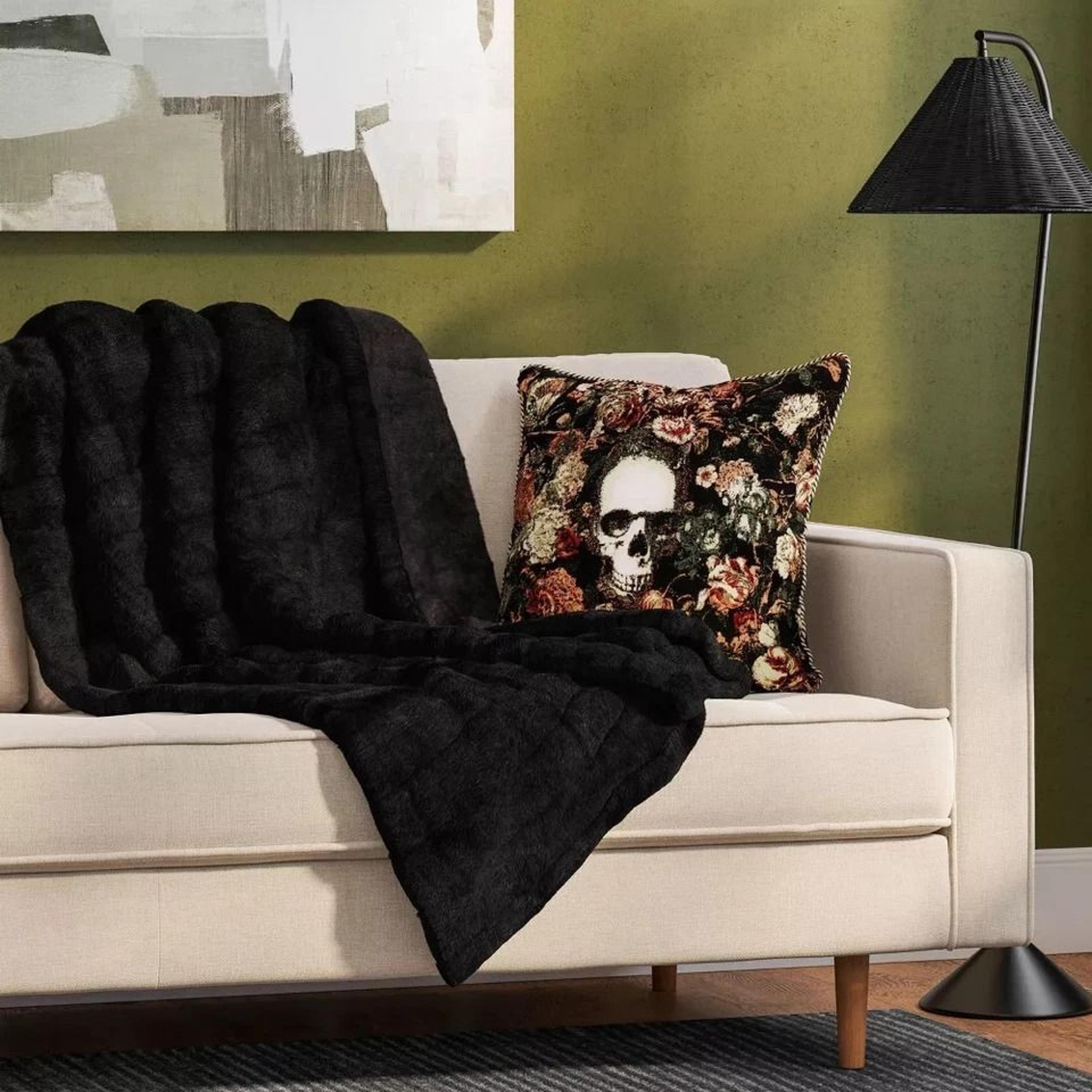 black faux fur throw, channel faux-fur blanket for couch, threshold faux-fur throw, plush and cozy black throw