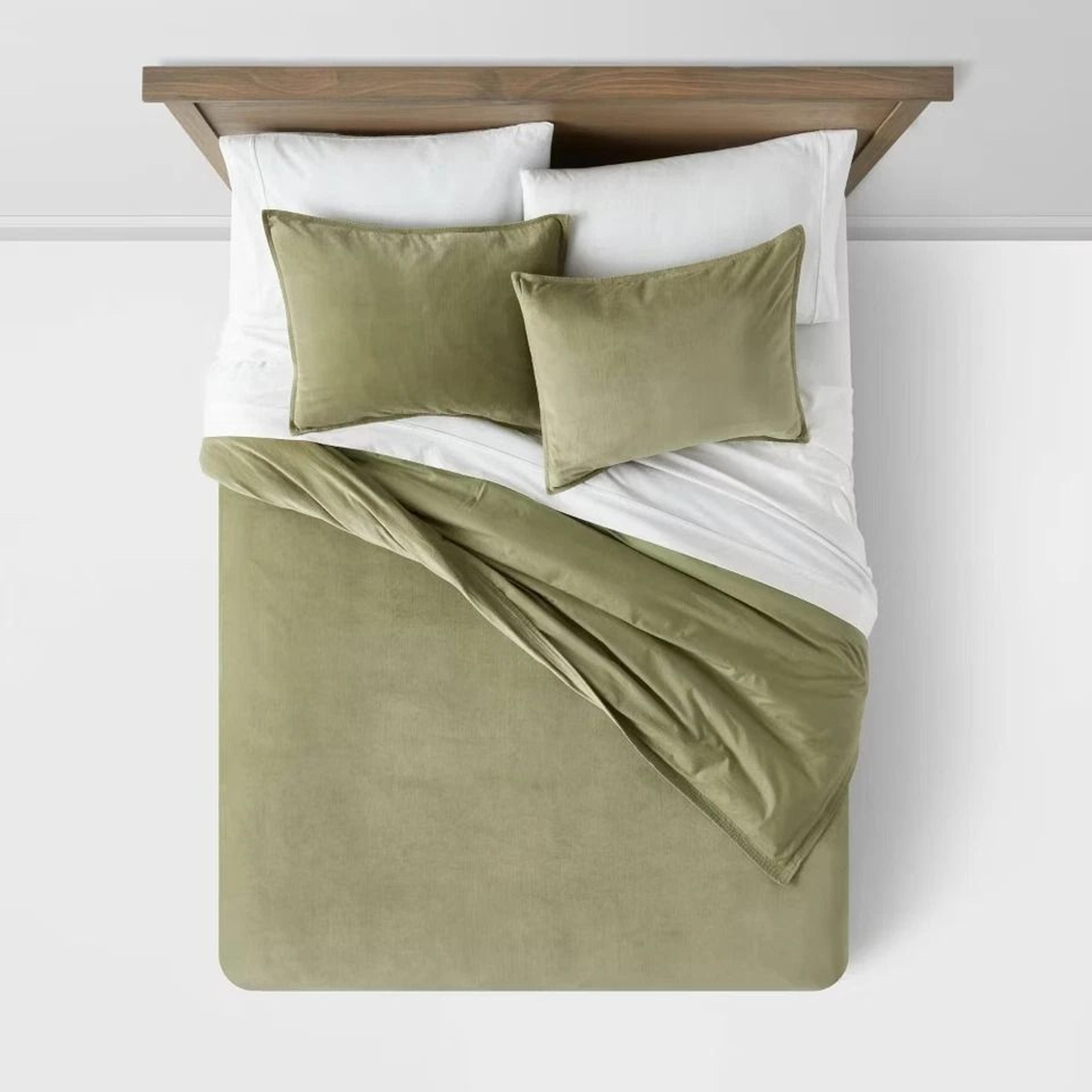 full/queen velvet duvet cover & sham set green threshold, elegant cotton velvet bedding, soft comfort