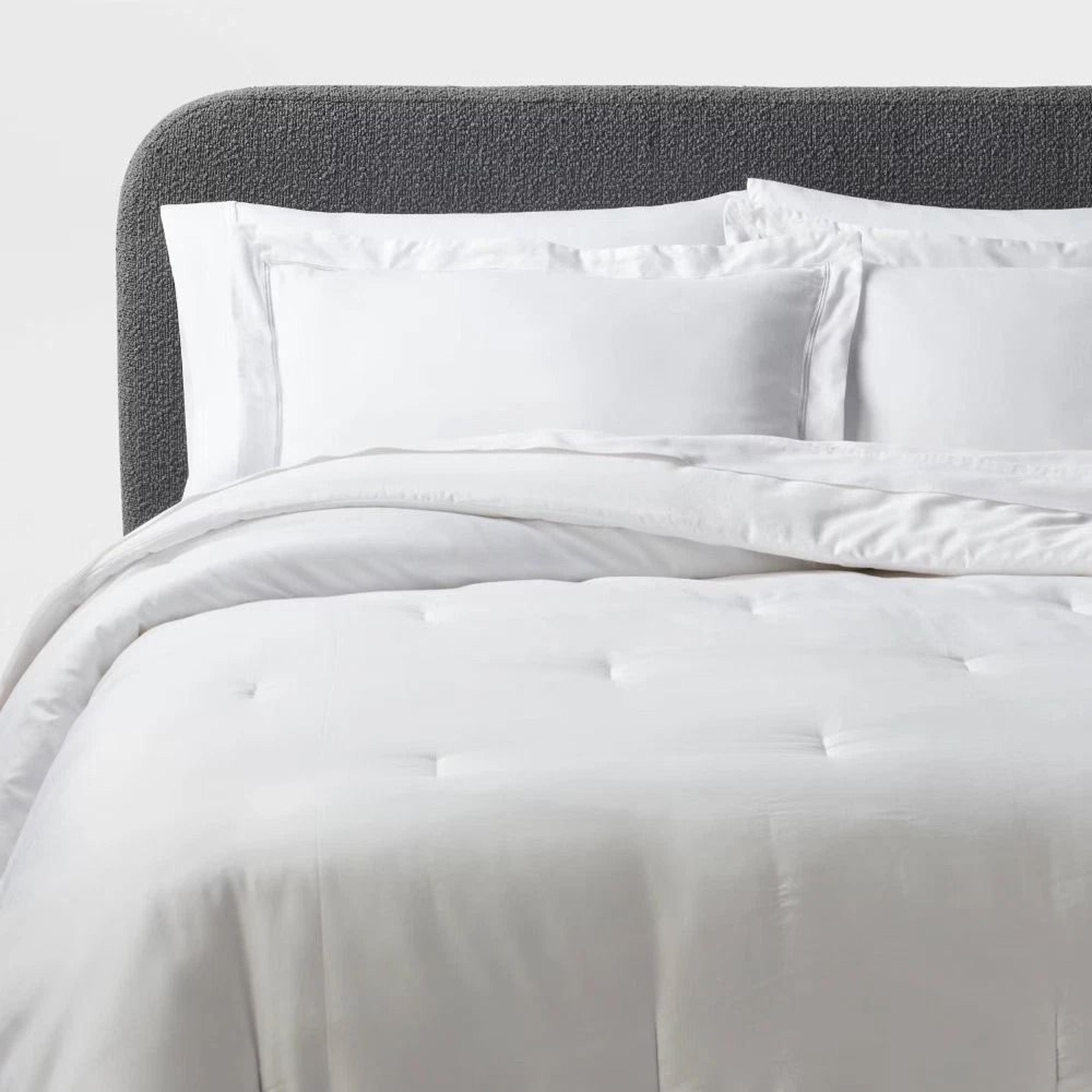 full/queen threshold duvet cover set, cotton sateen, white/gray embroidered bedding