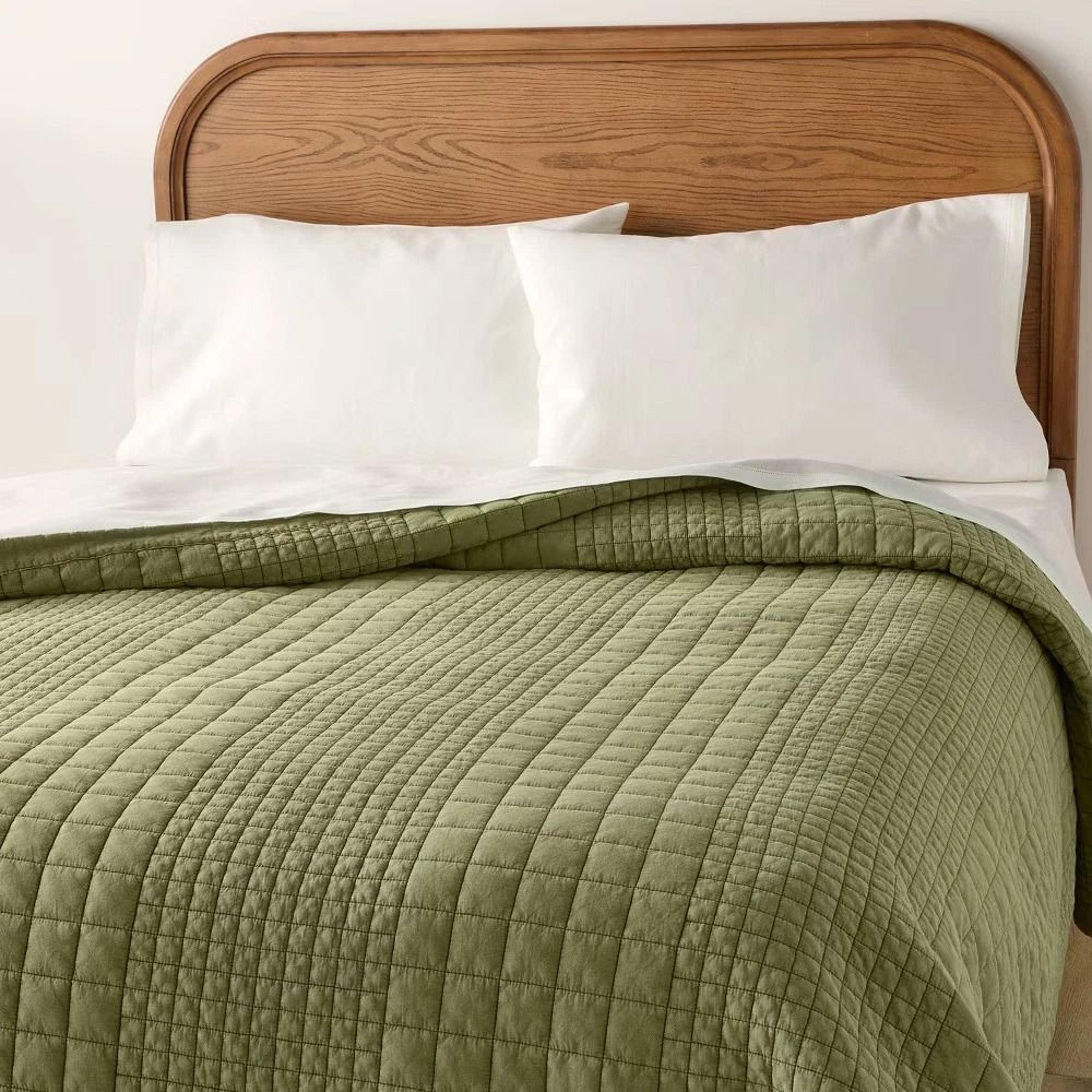 full/queen grid stitch quilt green, cozy cotton voile, machine washable, hearth & hand with magnolia