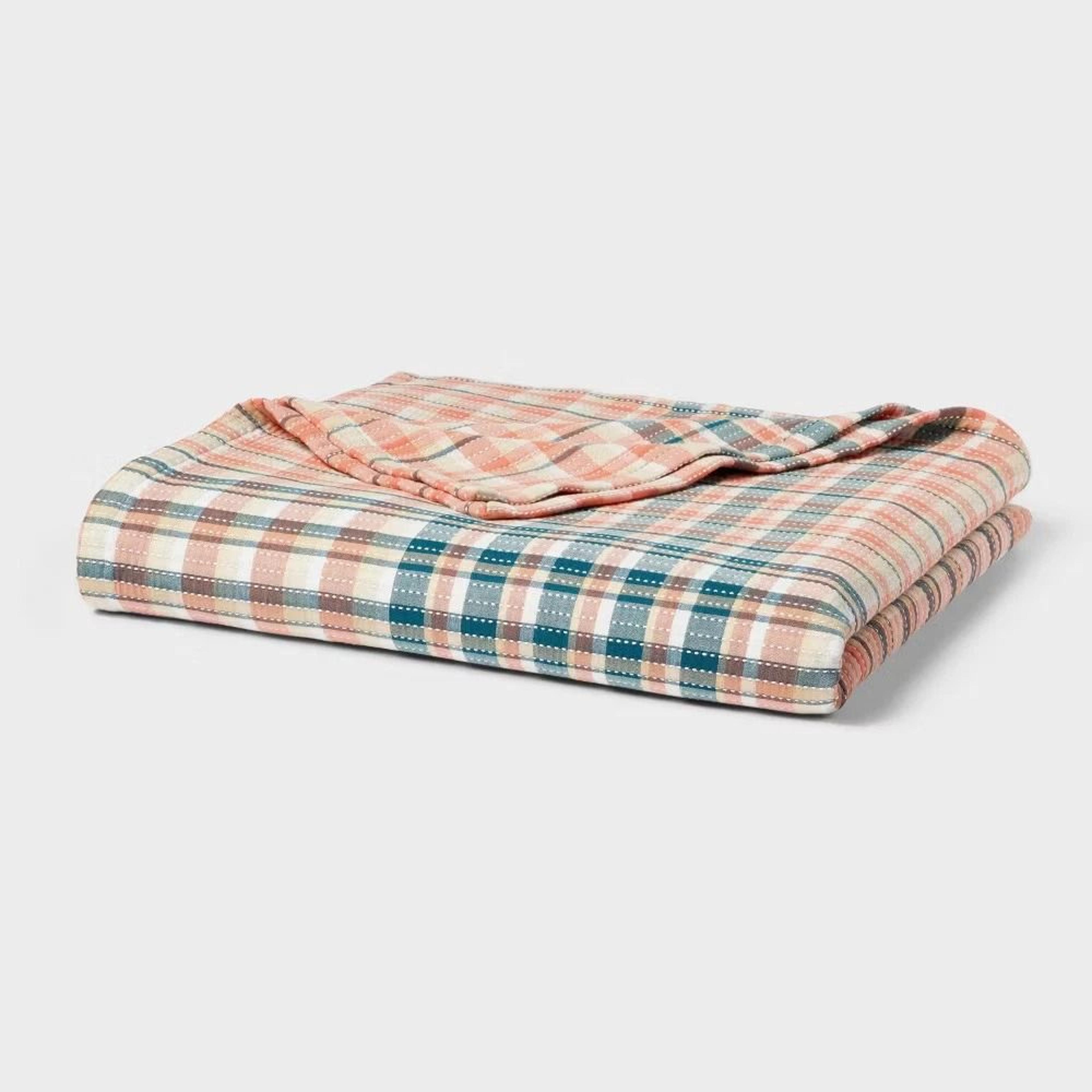 full/queen threshold spring plaid matelasse blanket, midweight fabric, cotton, machine washable for easy care