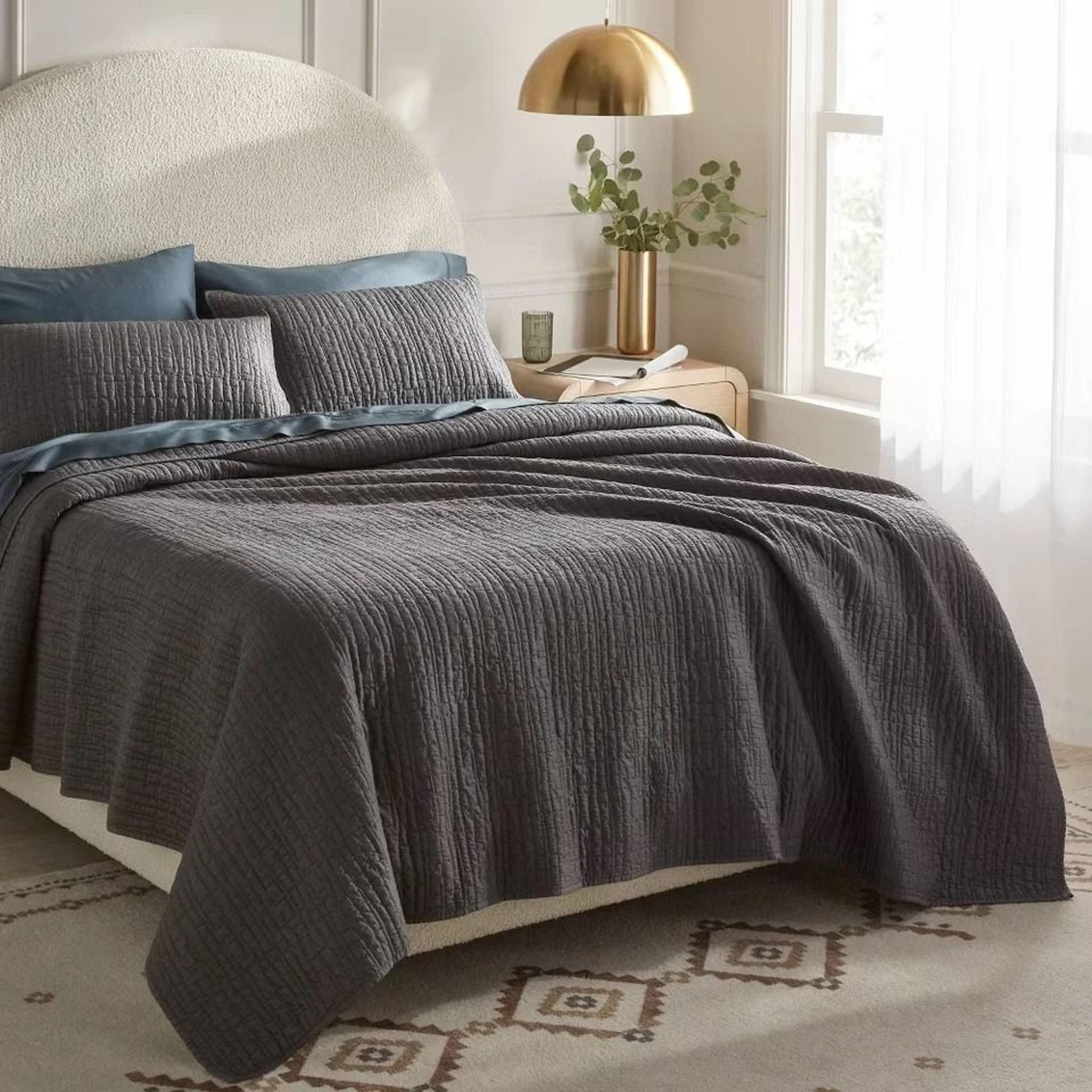luxe king quilt in dark gray, lyocell shell by threshold, cozy cotton-polyester fill, easy care