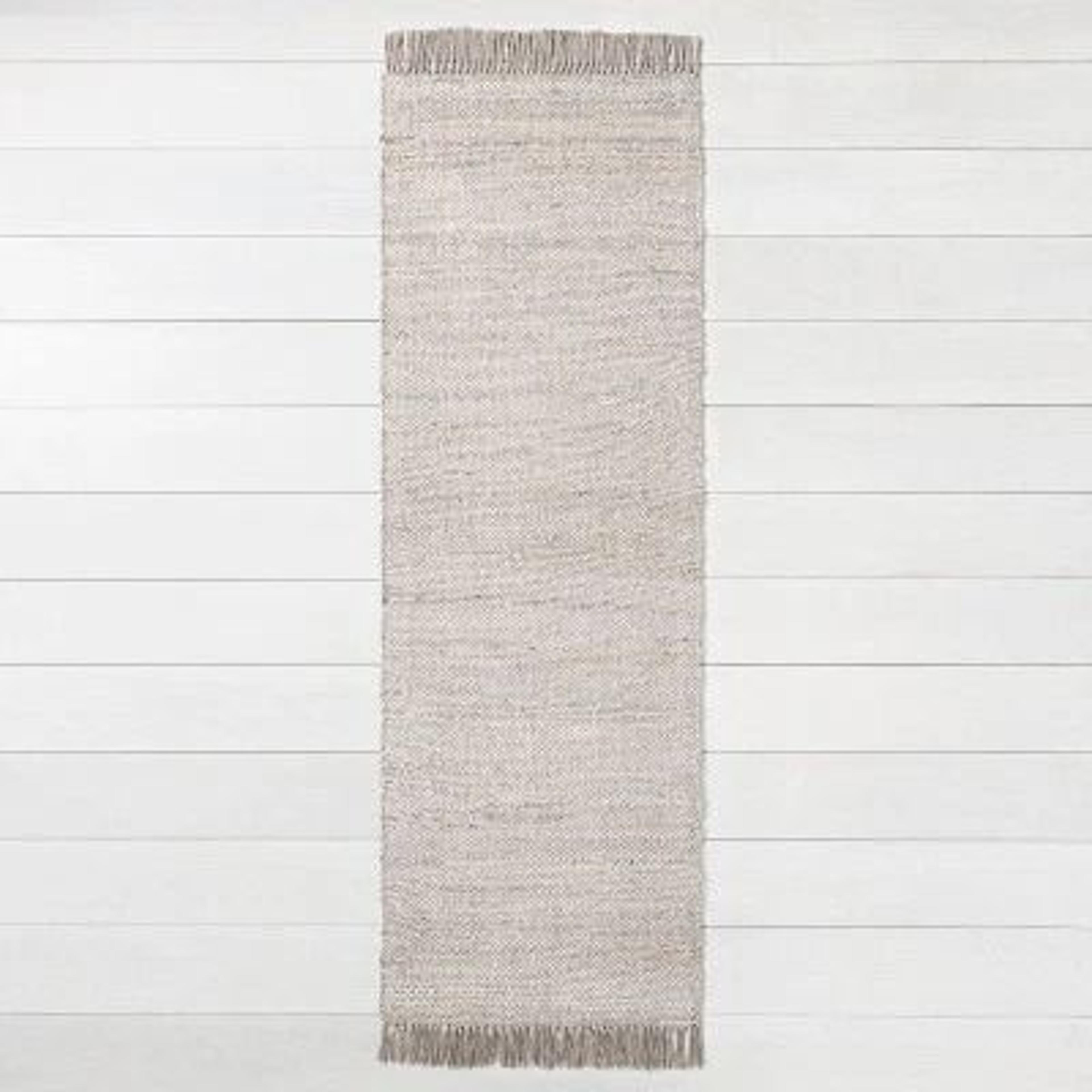 bleached jute fringe runner, gray indoor woven rug, flat pile, resilient and charming tassel detailing