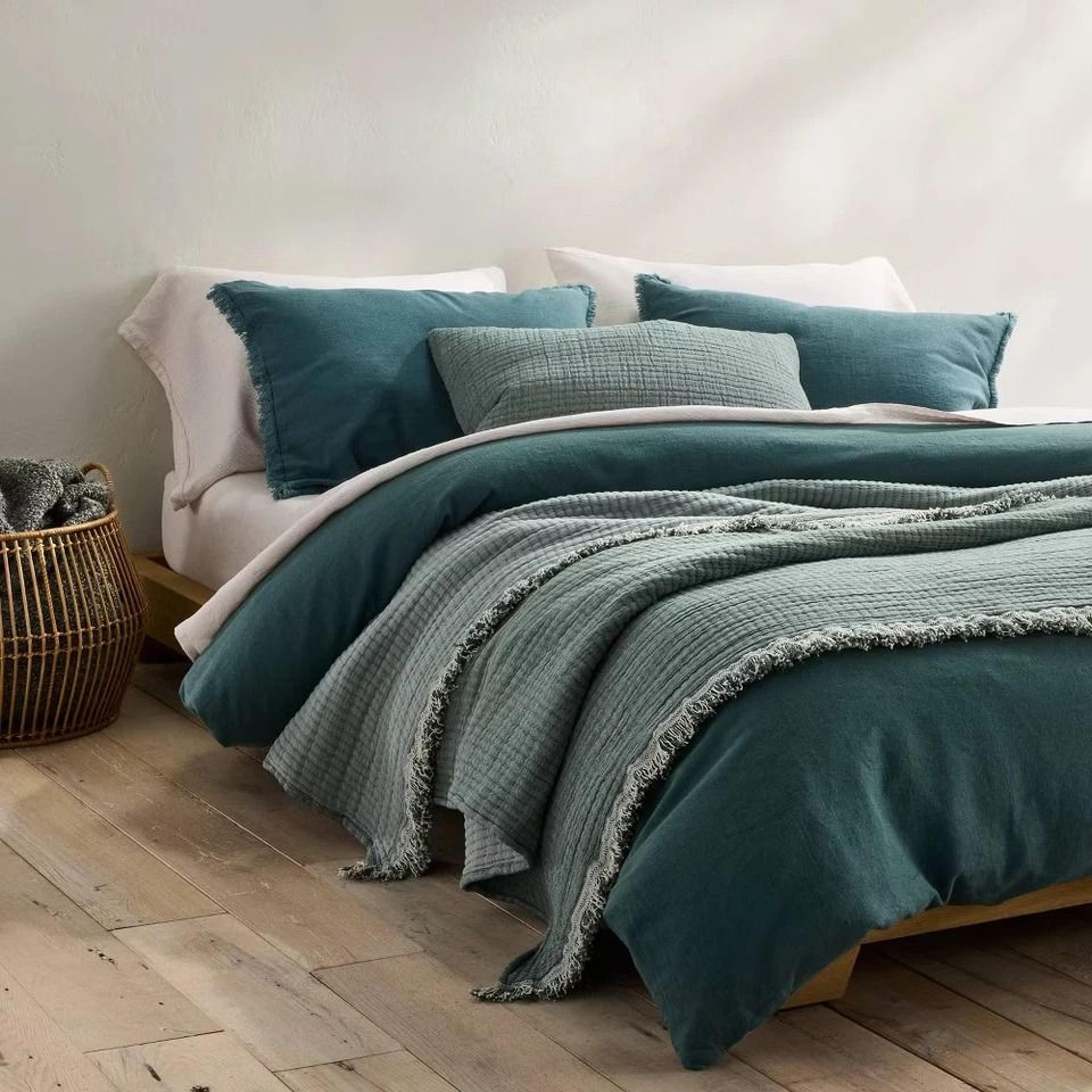 reversible full/queen cotton chambray coverlet, dark teal blue, soft jacquard weave
