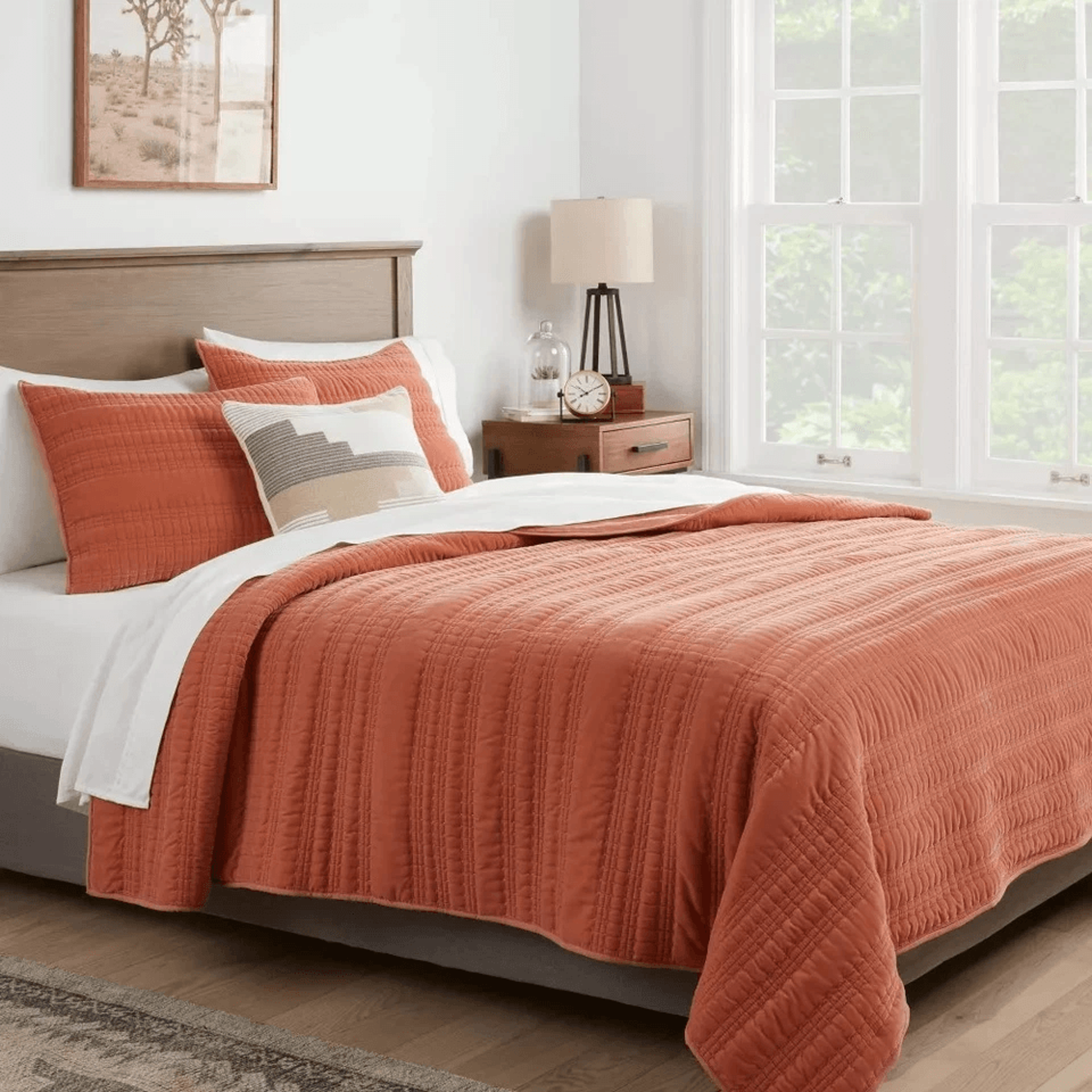 channel quilted threshold velvet quilt, terracotta/bronze, full/queen for a luxurious bed