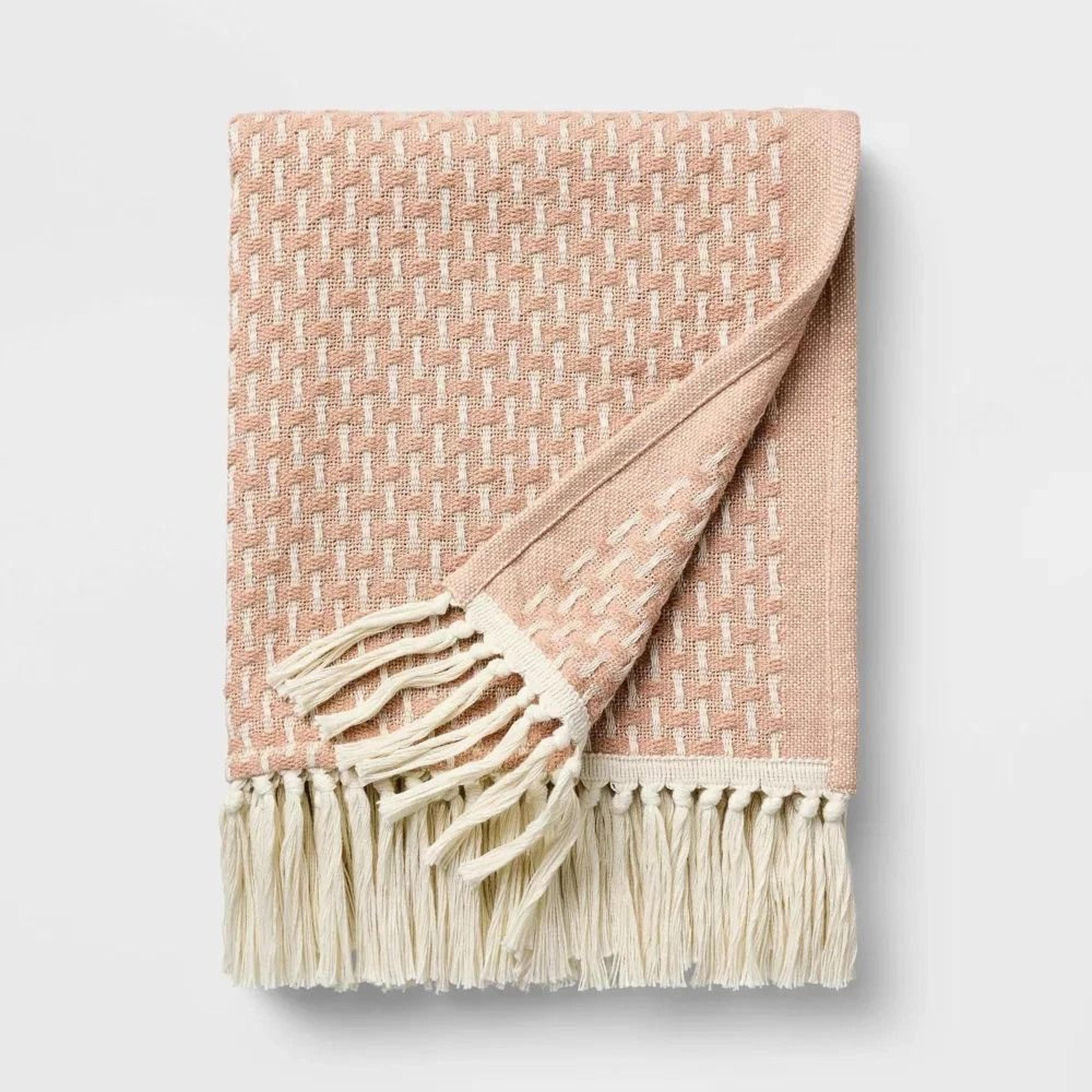 throw woven pattern, medium orange and cream, fringed throw blanket, threshold designed with studio for cozy home