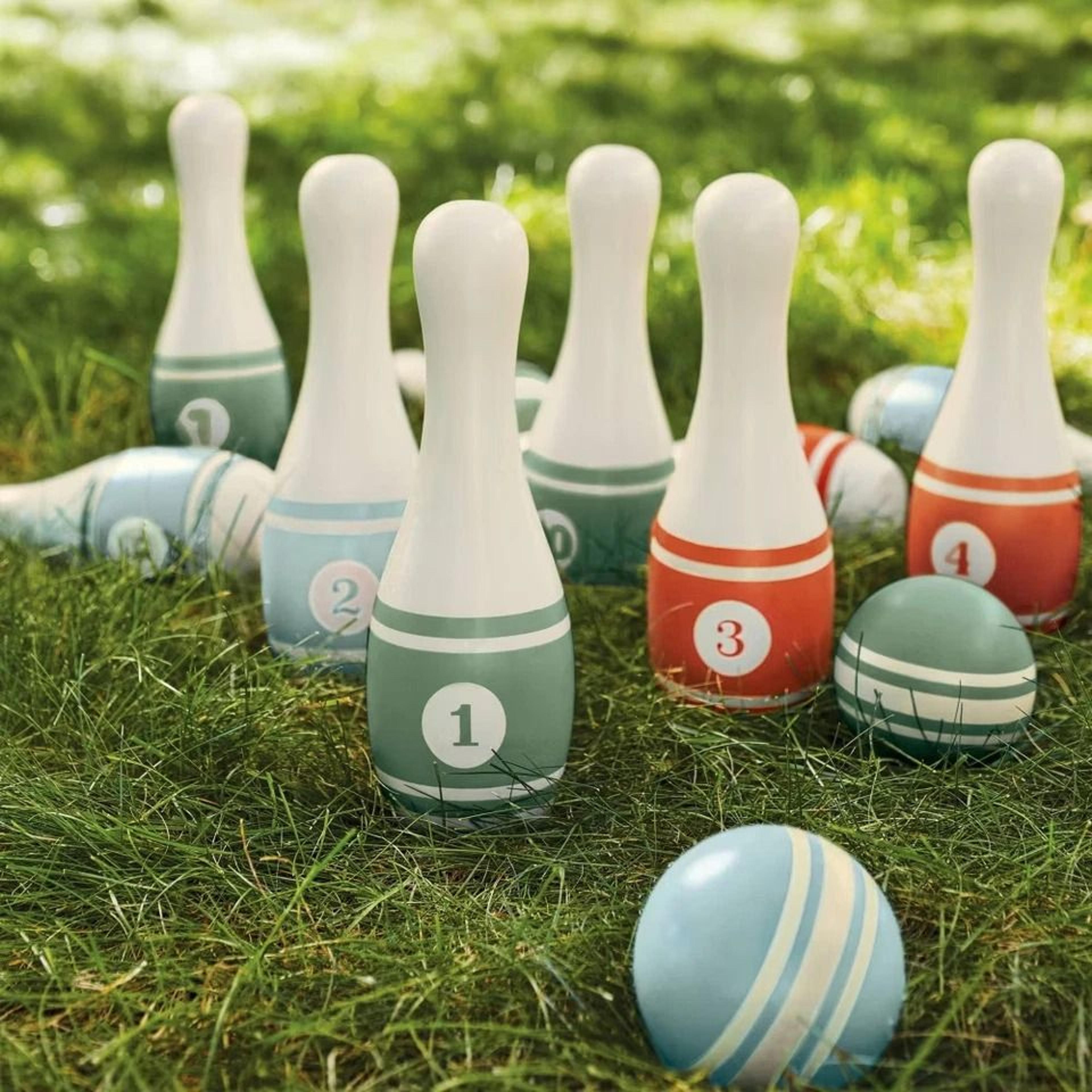 hearth & hand lawn bowling set with magnolia, wooden pins, , carrying bag for family outdoor games
