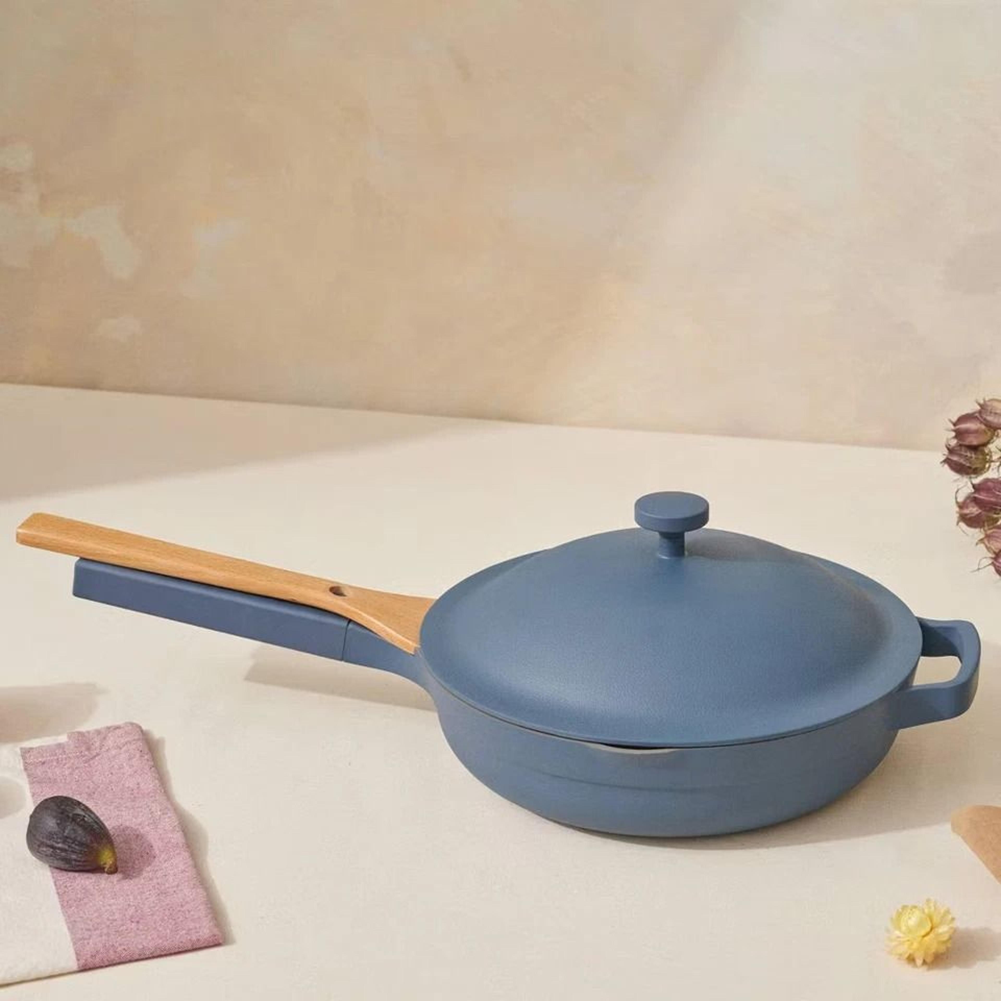 ceramic glass all-in-one pan cookware set blue, nonstick, steamer basket