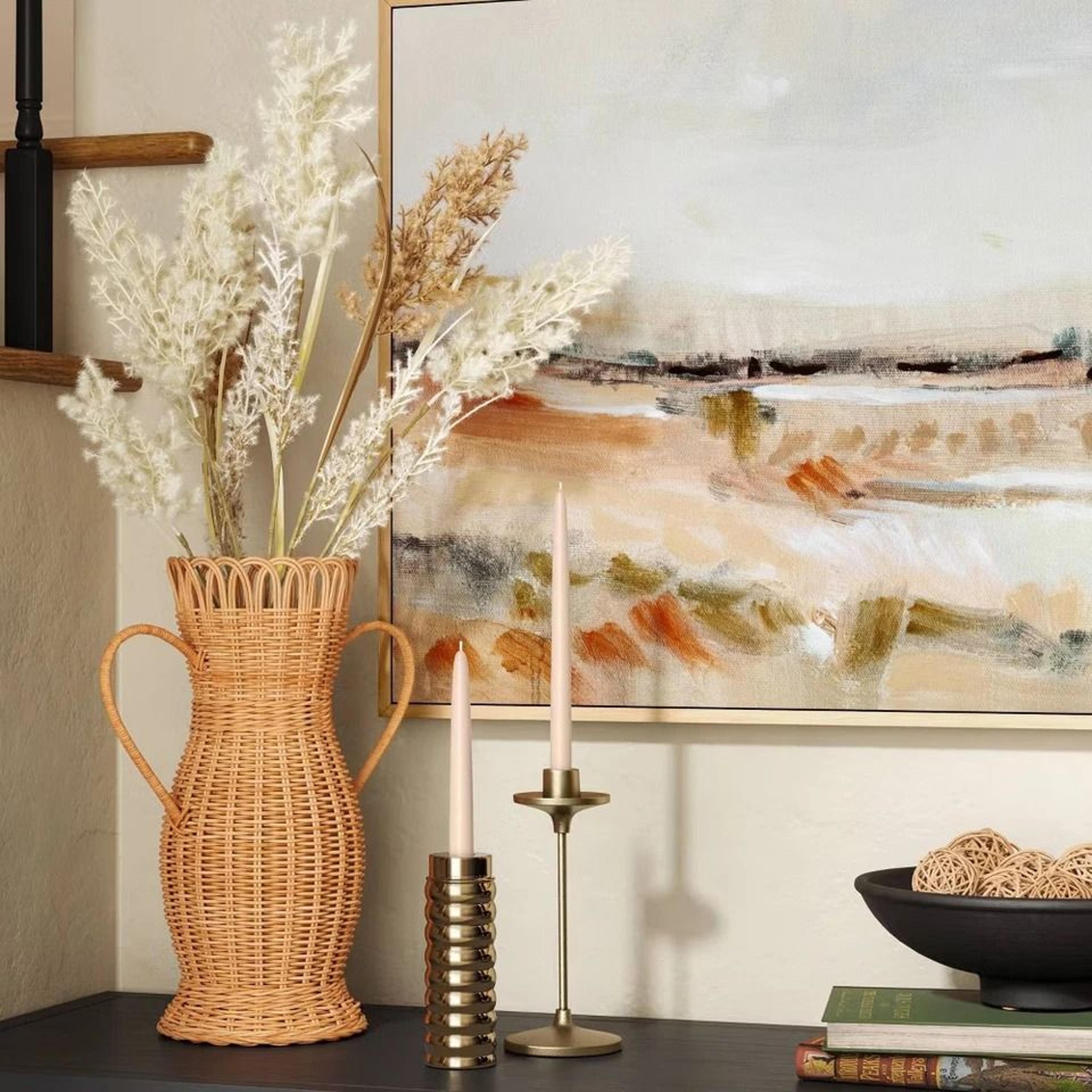 wicker vase with loop rim, rattan vase with side handles, threshold loop rim vase for home decor, rustic wicker