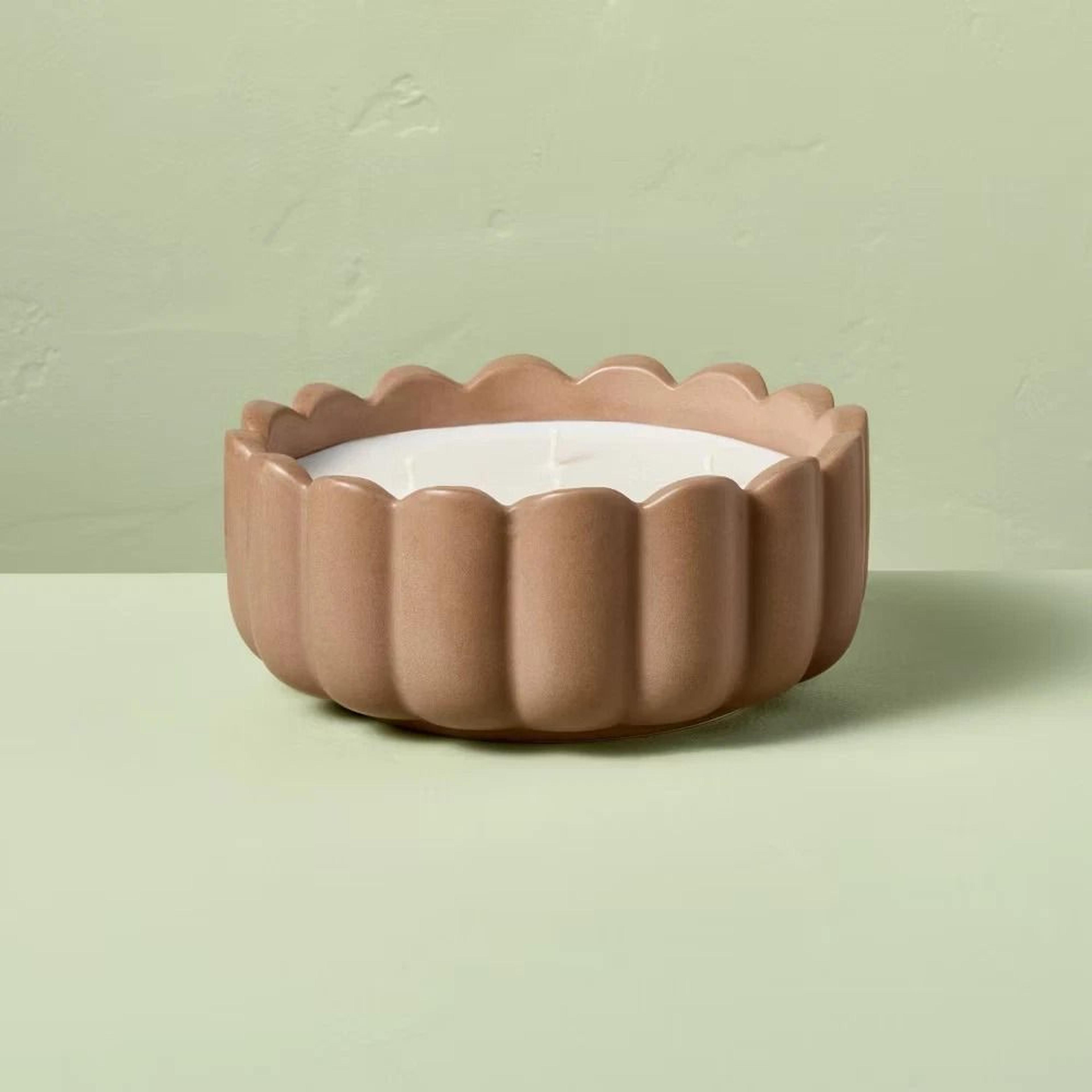 wick ceramic salted honey jar candle, tan, 42oz, scalloped rim, hearth & hand with magnolia, long burn time, ideal gift