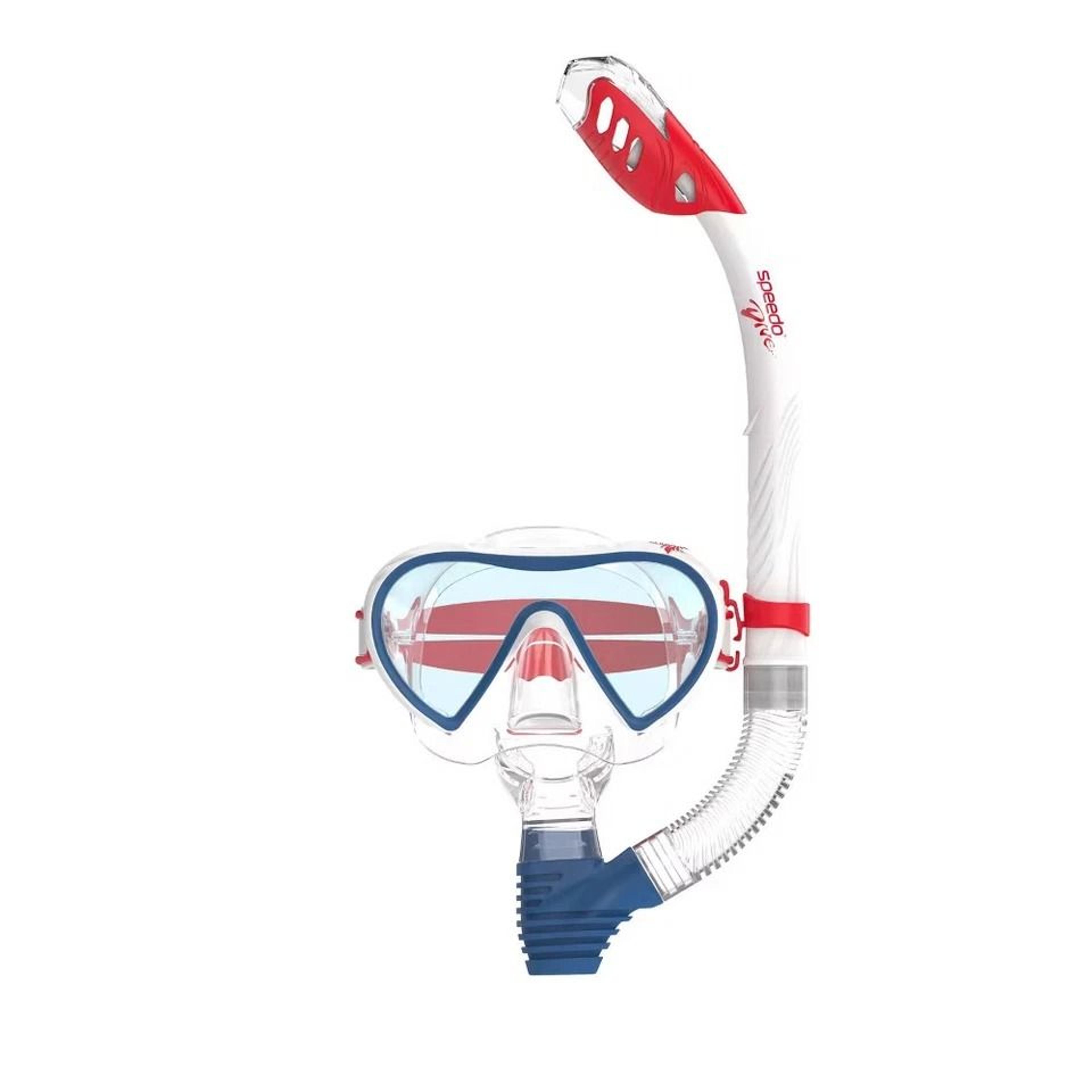 snorkel set for adults, red/white/blue mask with splash-top snorkel, polycarbonate silicone & rubber