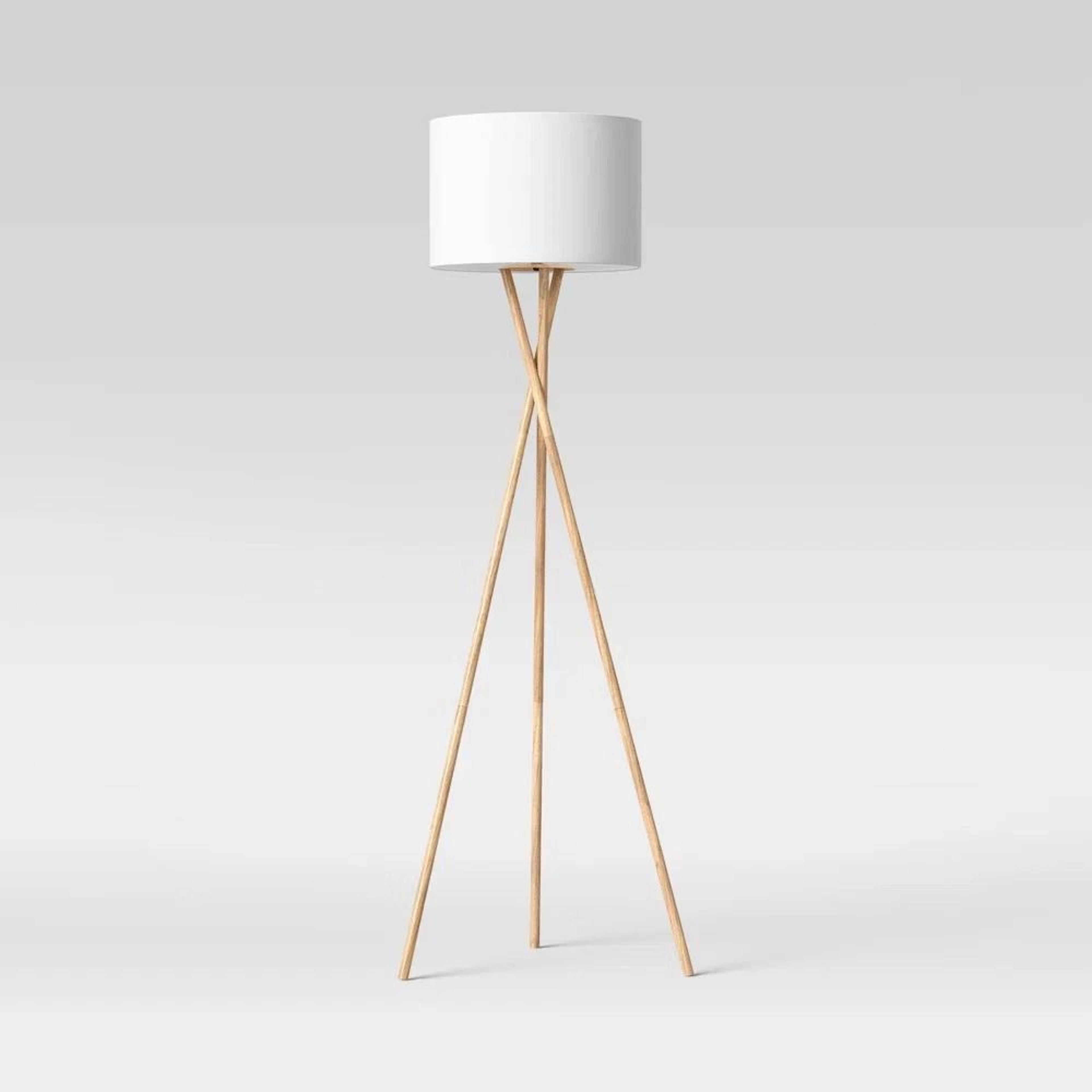 natural tripod floor lamp, elegant drum shade, threshold design, metal base with wood finish, led compatible