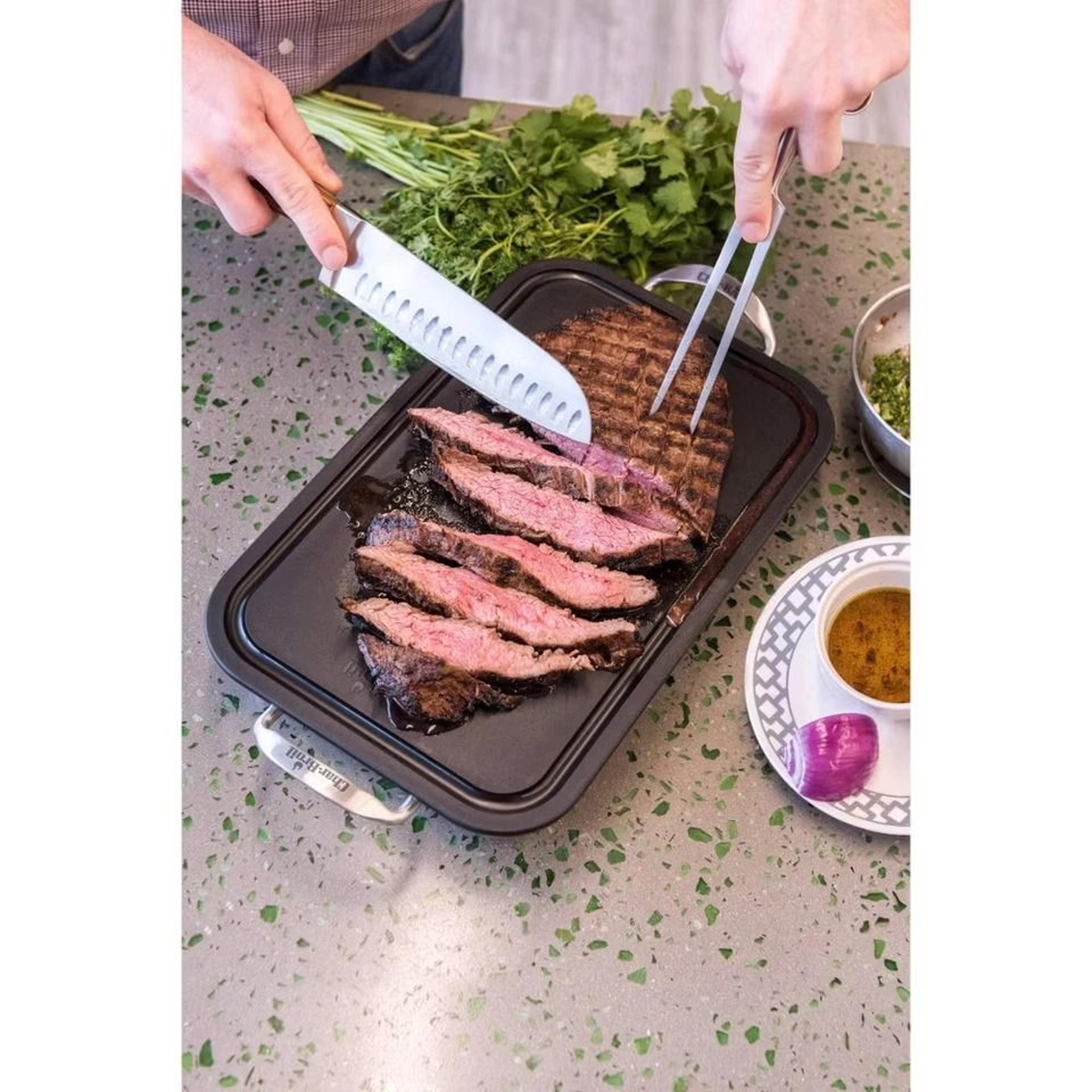 char-broil stainless steel deep dish and cutting board, heat-resistant grill topper, roasting pan and lid set