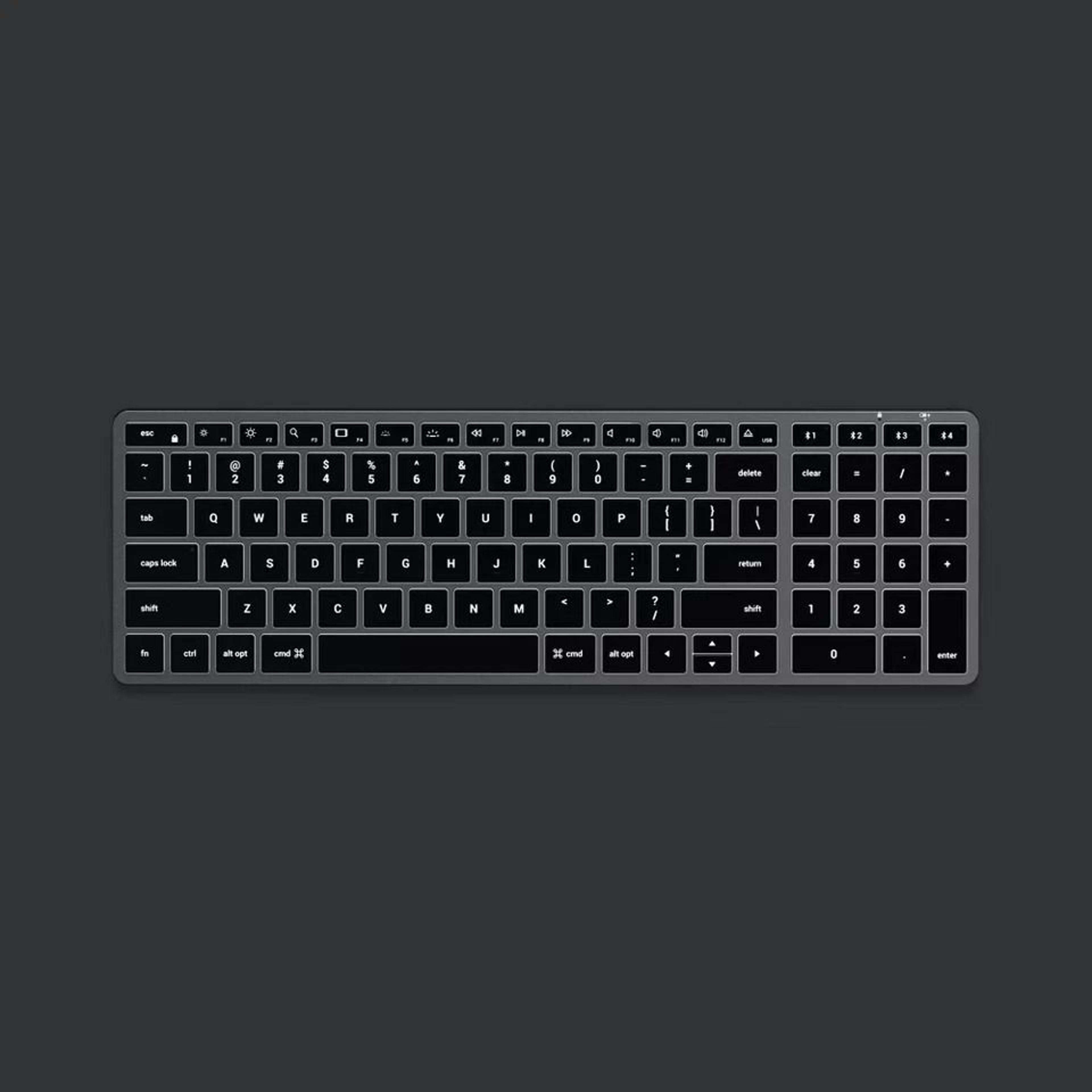 slim bluetooth keyboard, backlit space gray design, multi-device connectivity, macos optimized, usb-c charging