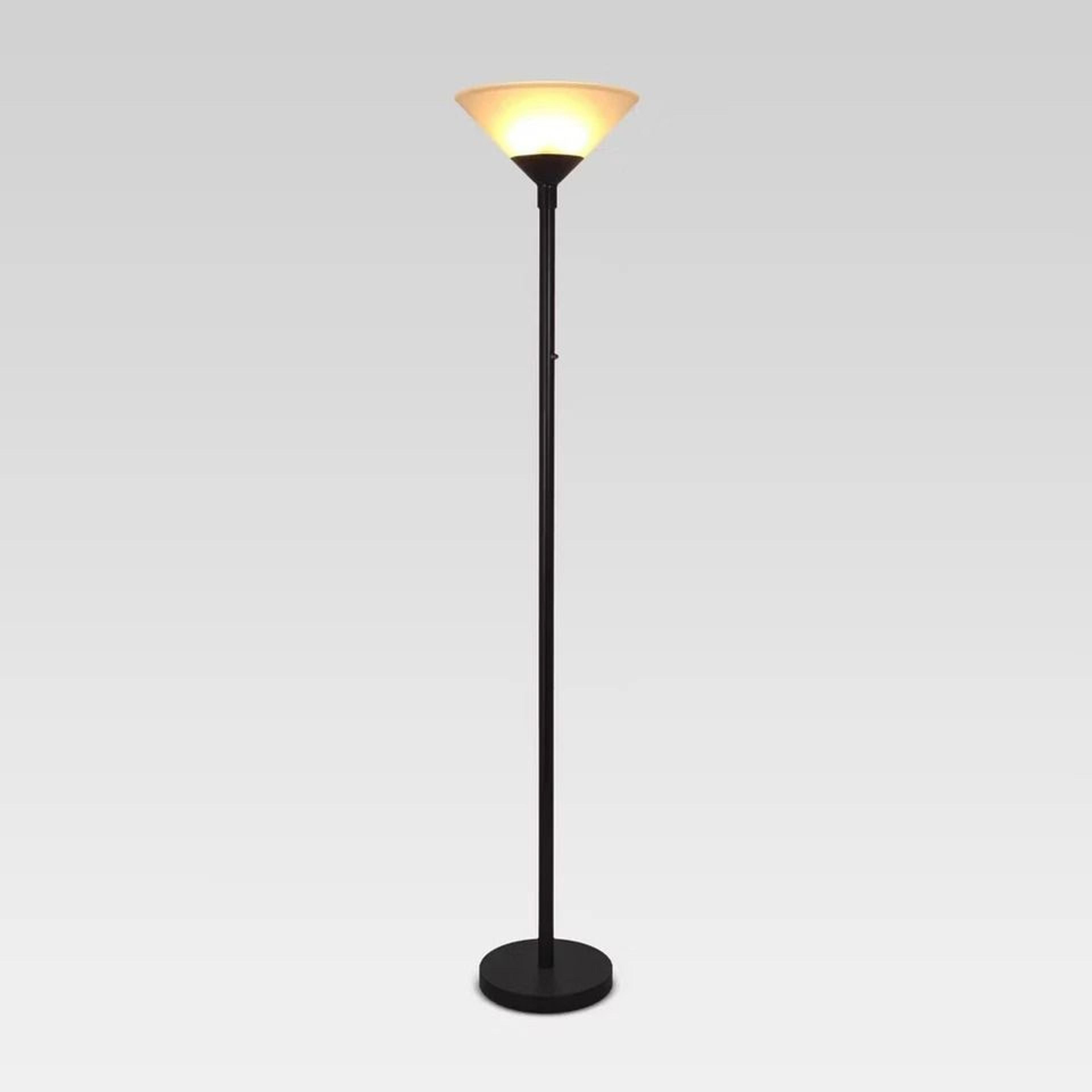stylish torch floor lamp, slate black metal design, dimmable glass cone shade, rotary switch for bedroom or living room