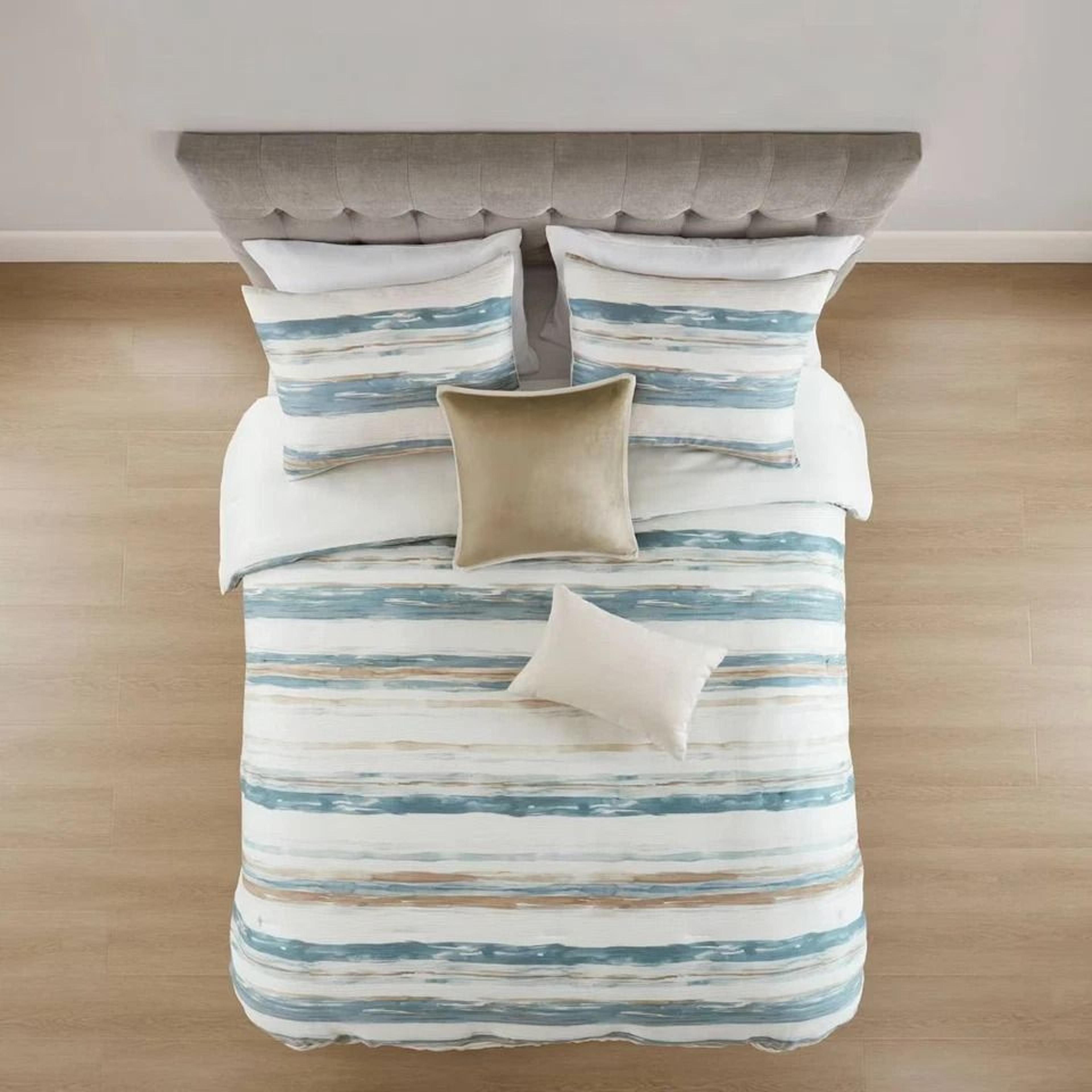 blue queen watercolor striped bedding set, comforter, shams, and decorative pillows for stylish bedroom upgrade