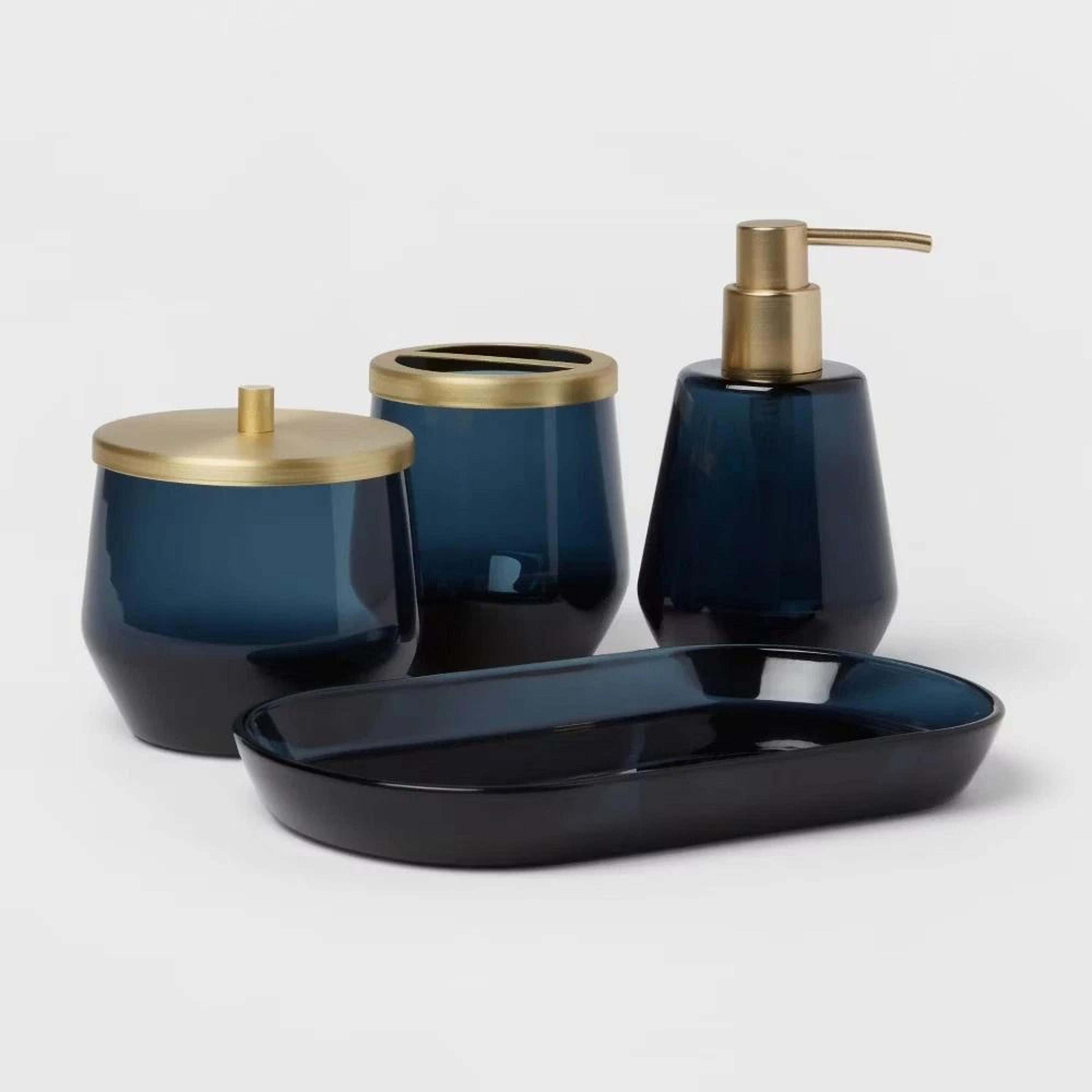 blue bath coordinates set, glass frosted finish, gold accents, toothbrush holder, soap dispenser