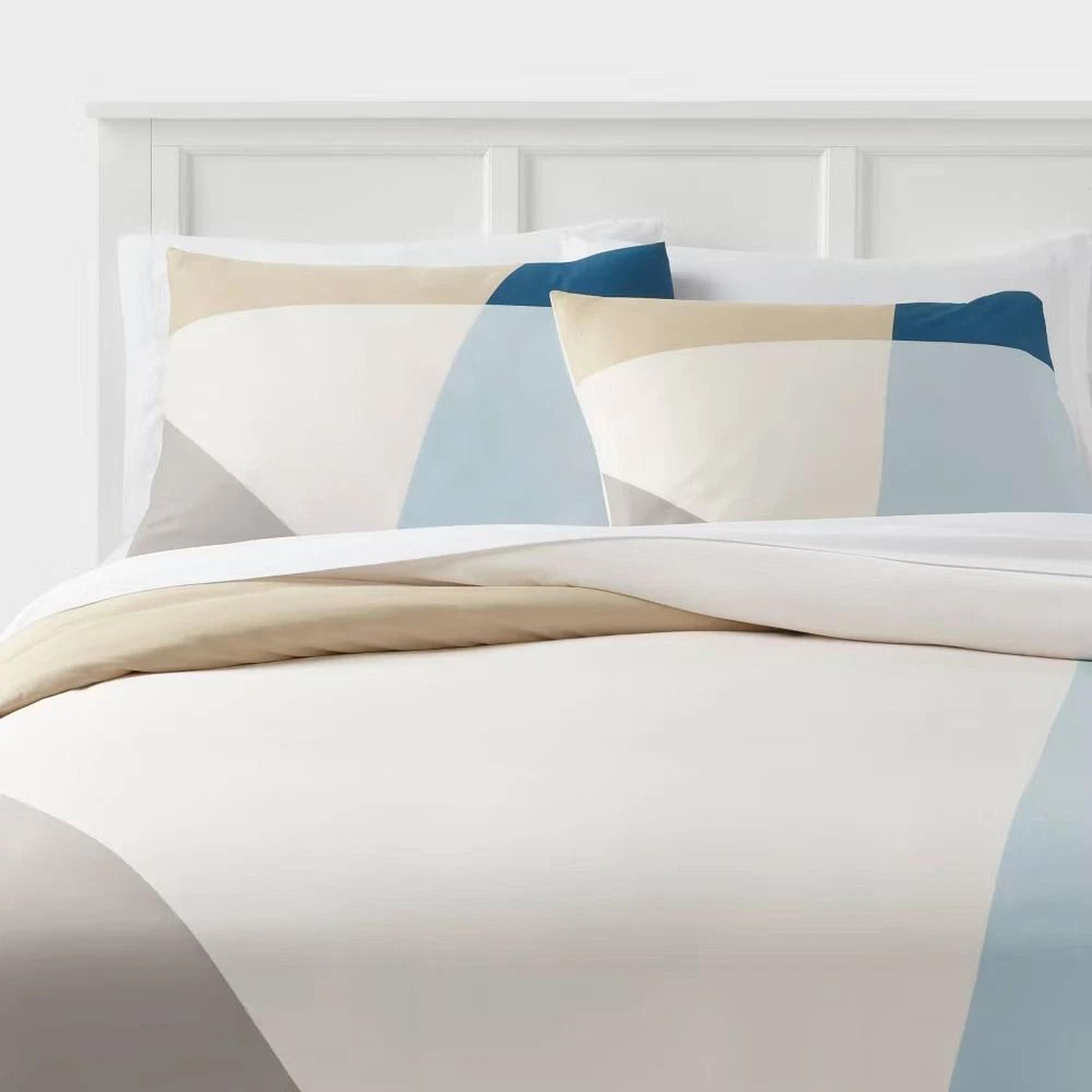 king size geo-print duvet cover and sham set, ivory, light blue, khaki geo, soft sateen fabric, button closure