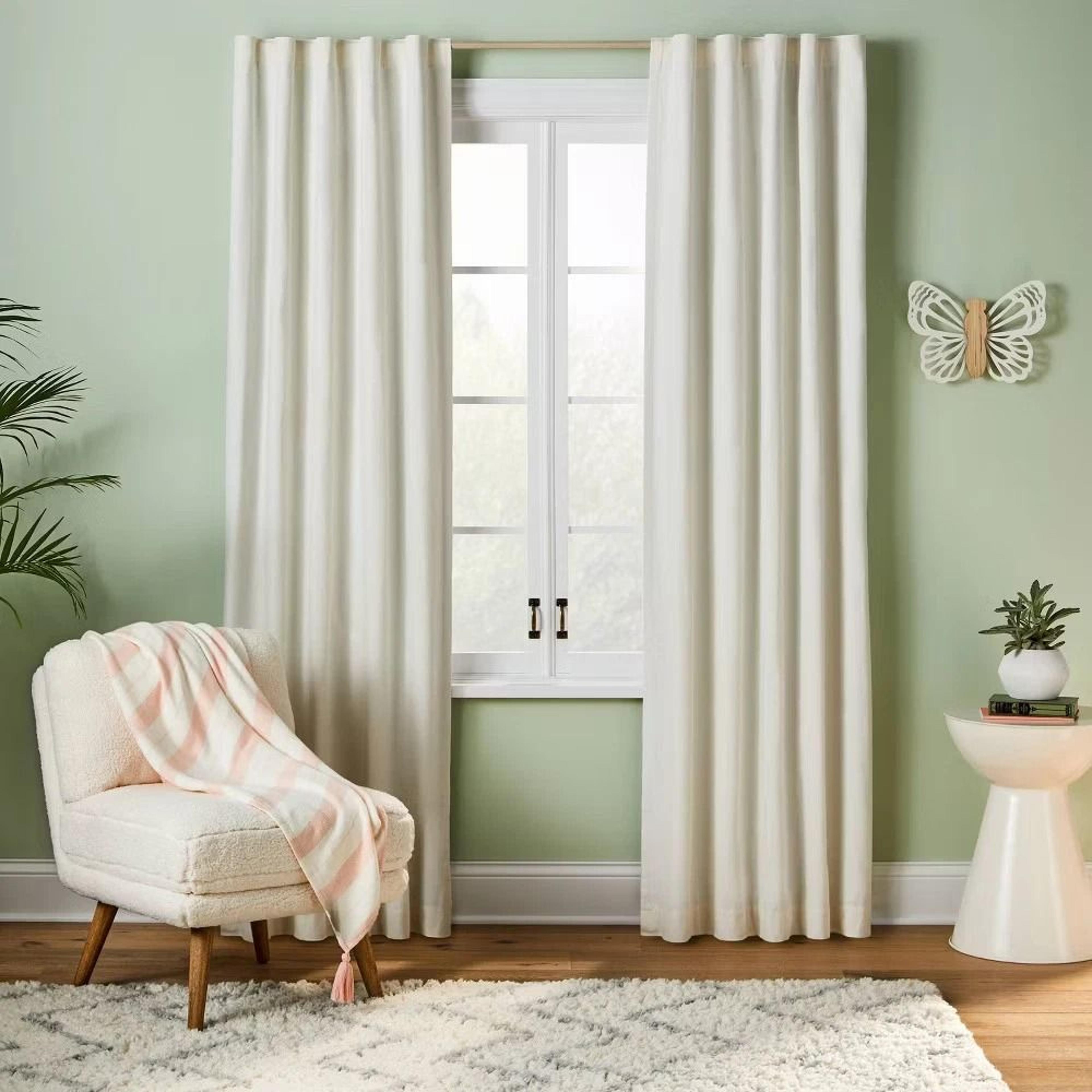 blackout chambray cotton curtain panel, noise & uv protection for kids, soft chambray weave - pillowfort