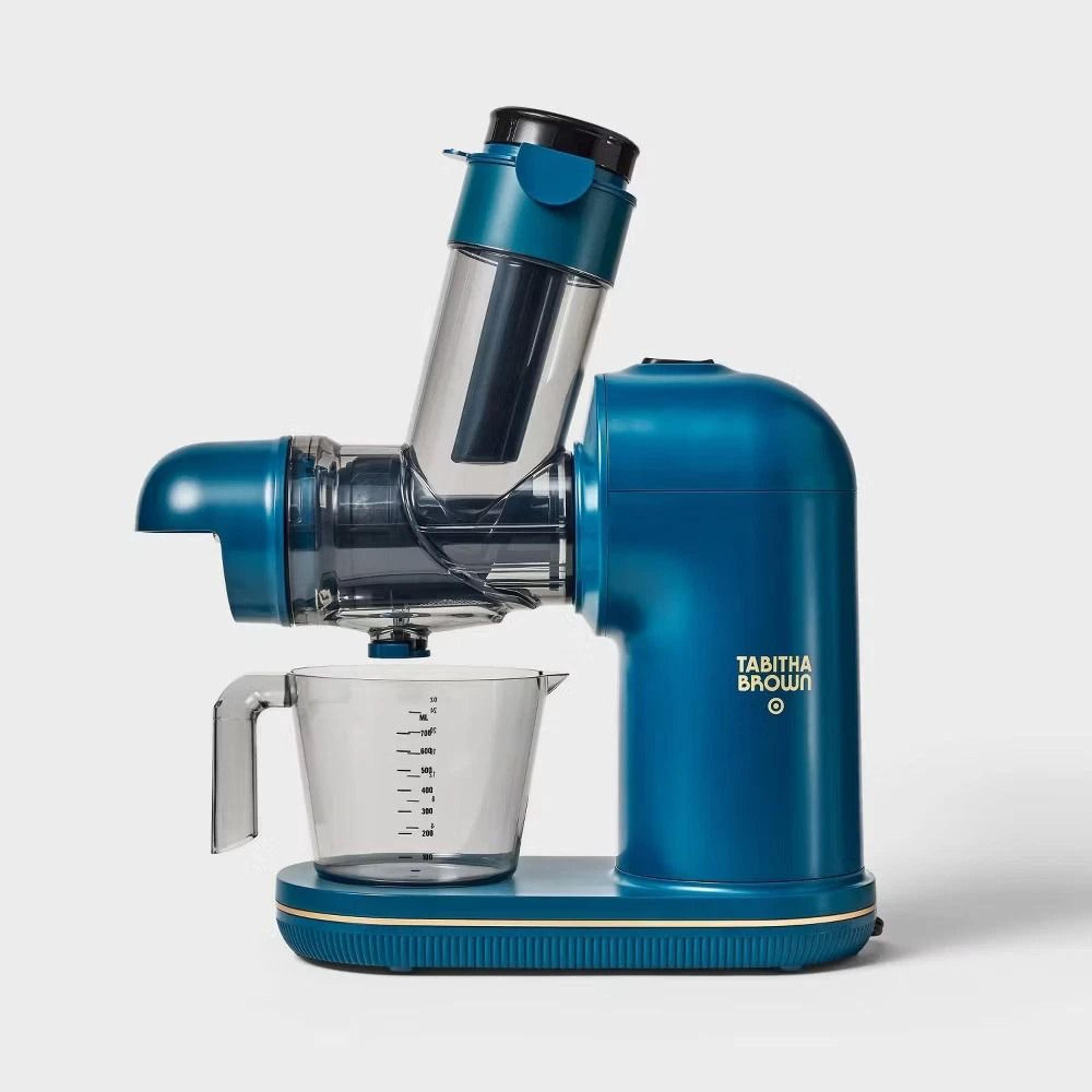 tabitha brown electric masticating juicer, dark teal blue, slow-chewing juicer, anti-drip, fine & coarse strainers