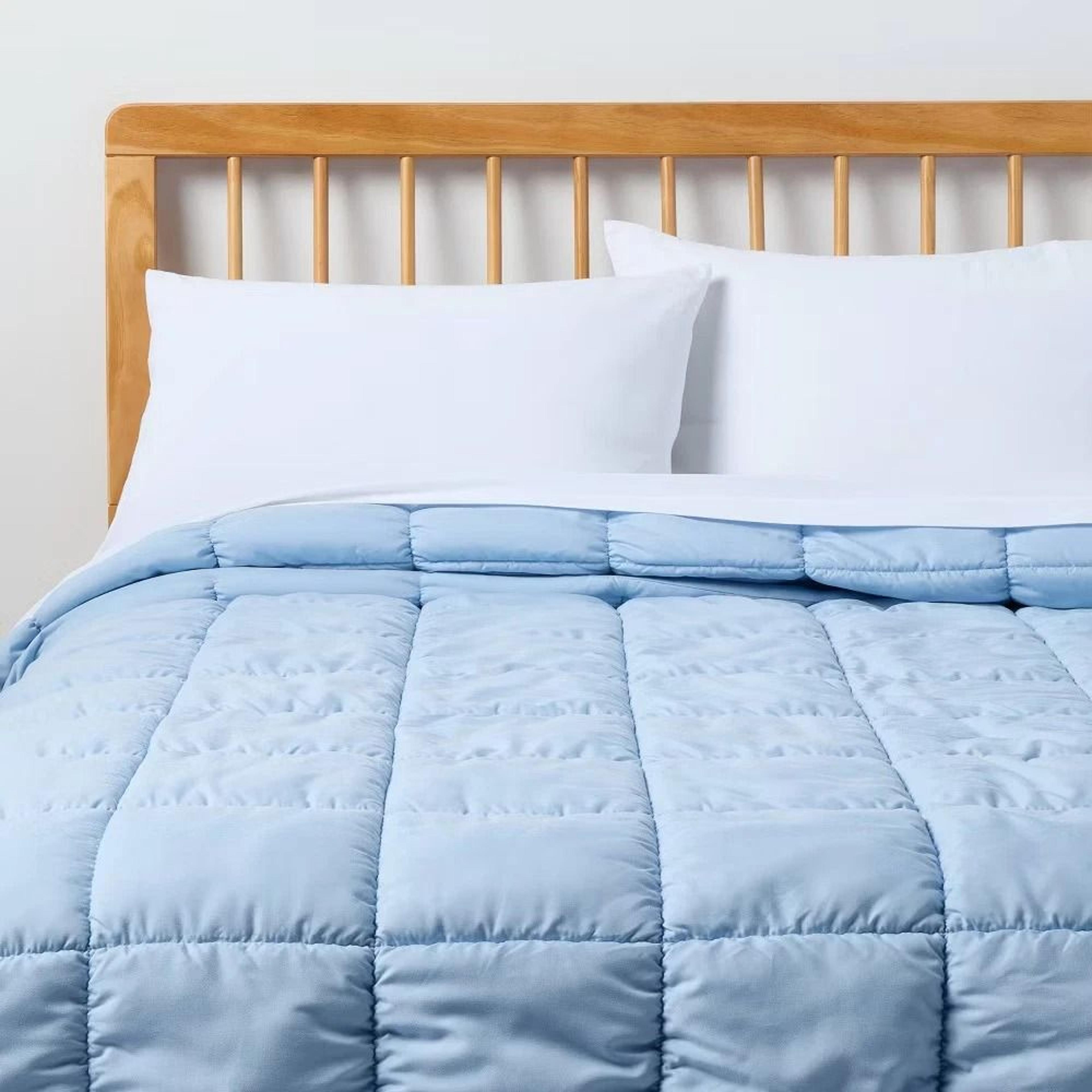 light blue full/queen box stitch puffer comforter - room essentials, eco-friendly, recycled polyester fill.