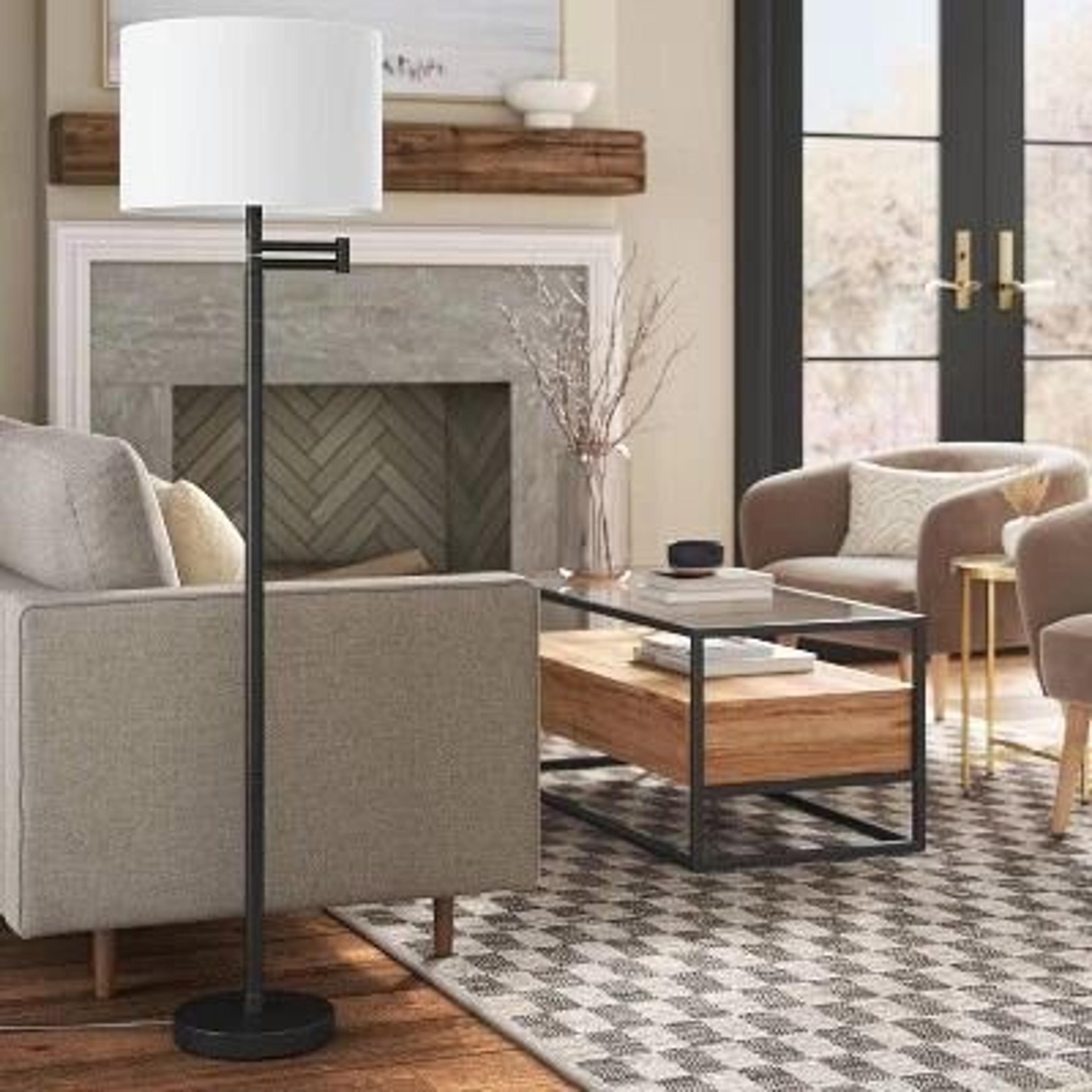 adjustable threshold swing arm floor lamp, black and white, chic drum shade, touch activated sensor