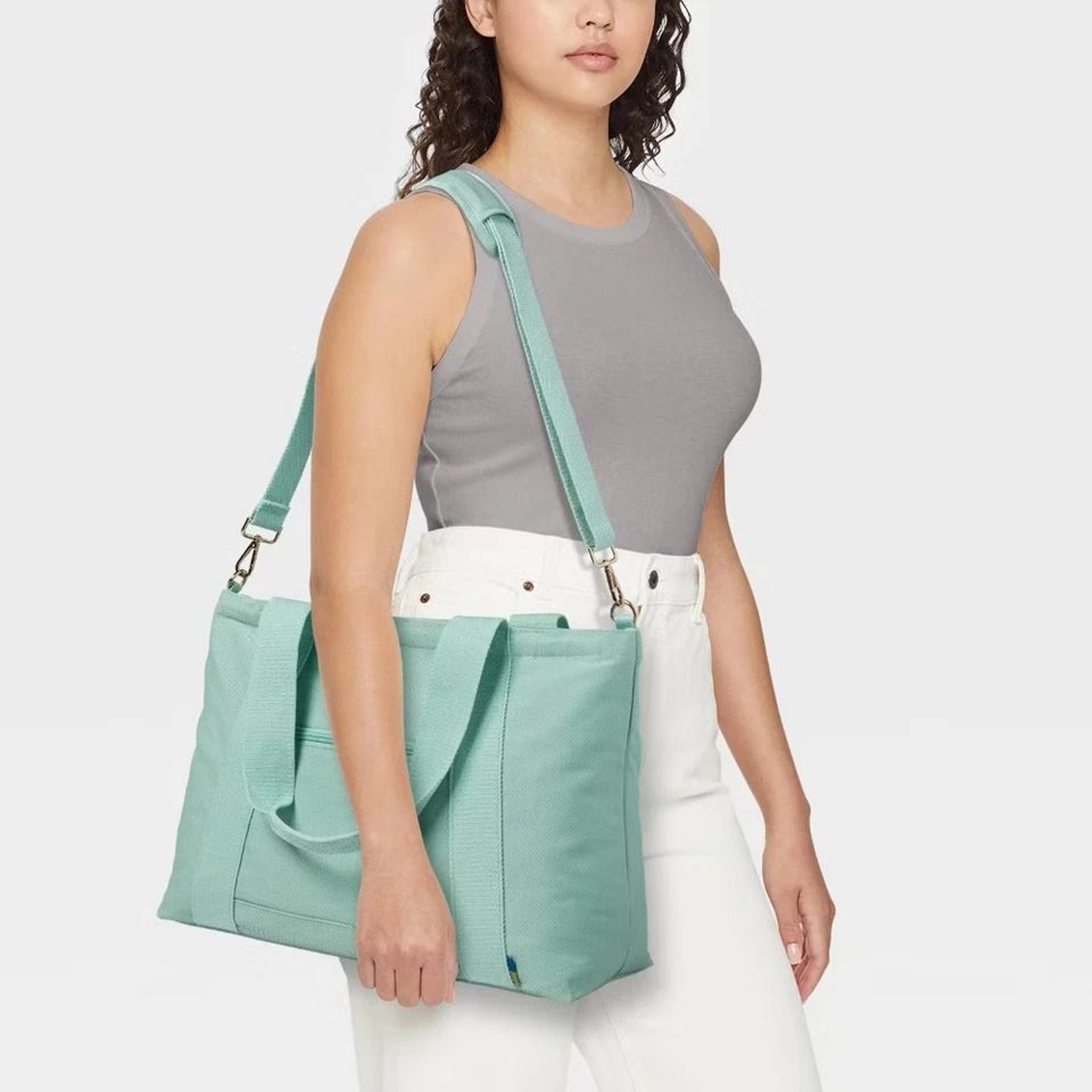 open story sage solid canvas tote bag, laptop pocket, water-resistant, trolley sleeve