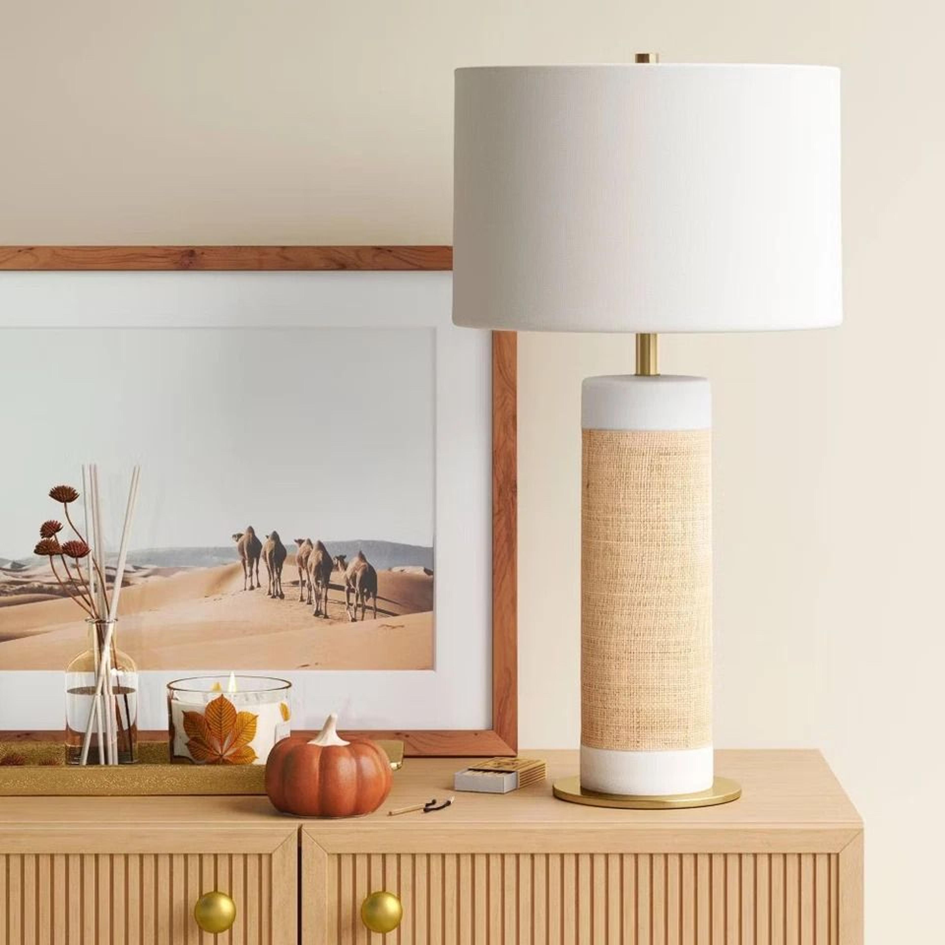 threshold ceramic table lamp with natural wrap, white drum shade, modern elegant lighting for home, perfect for bedroom