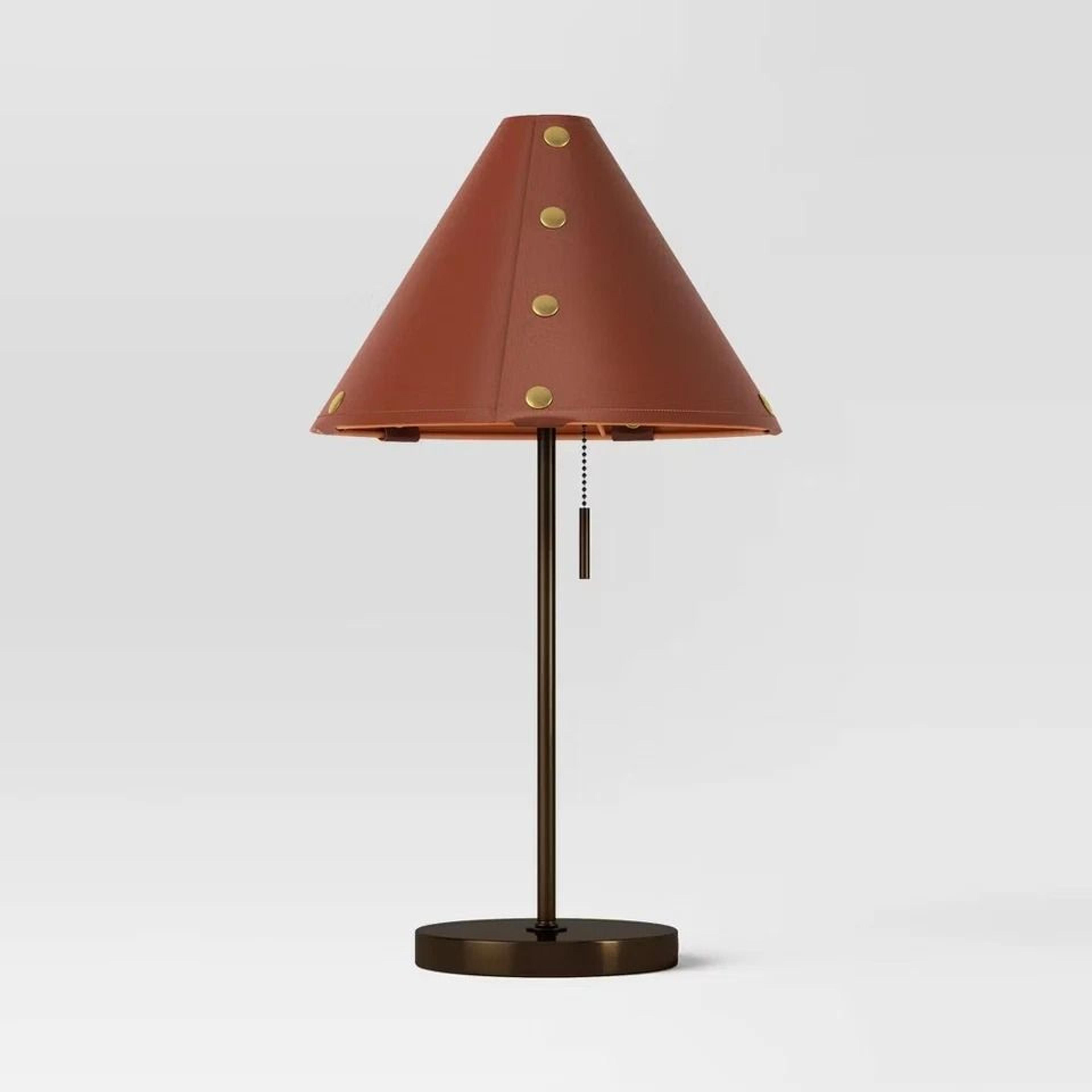 threshold table lamp with leather shade, metal cone base