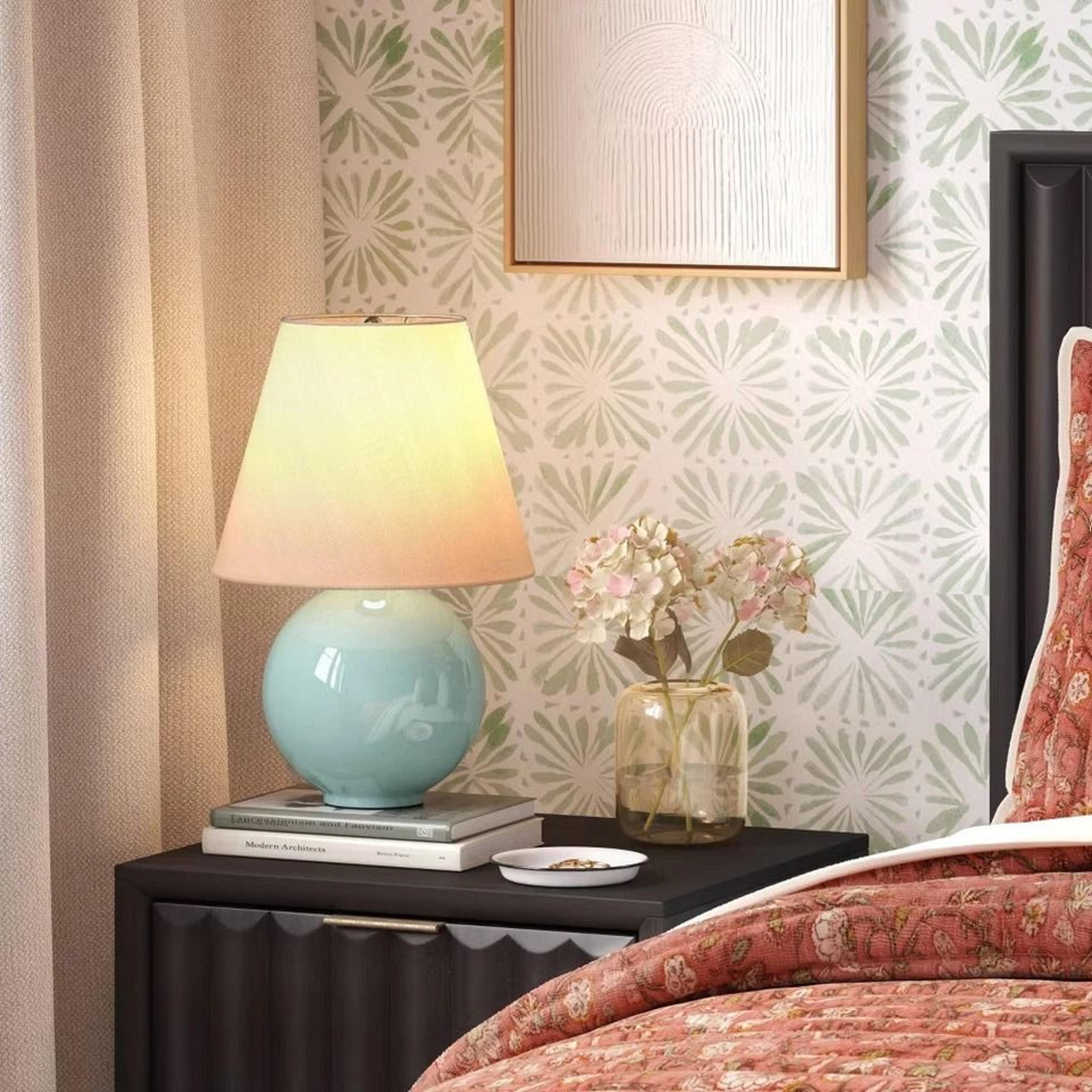 threshold round table lamp with tapered shade, soft green ceramic base, stylish led lighting