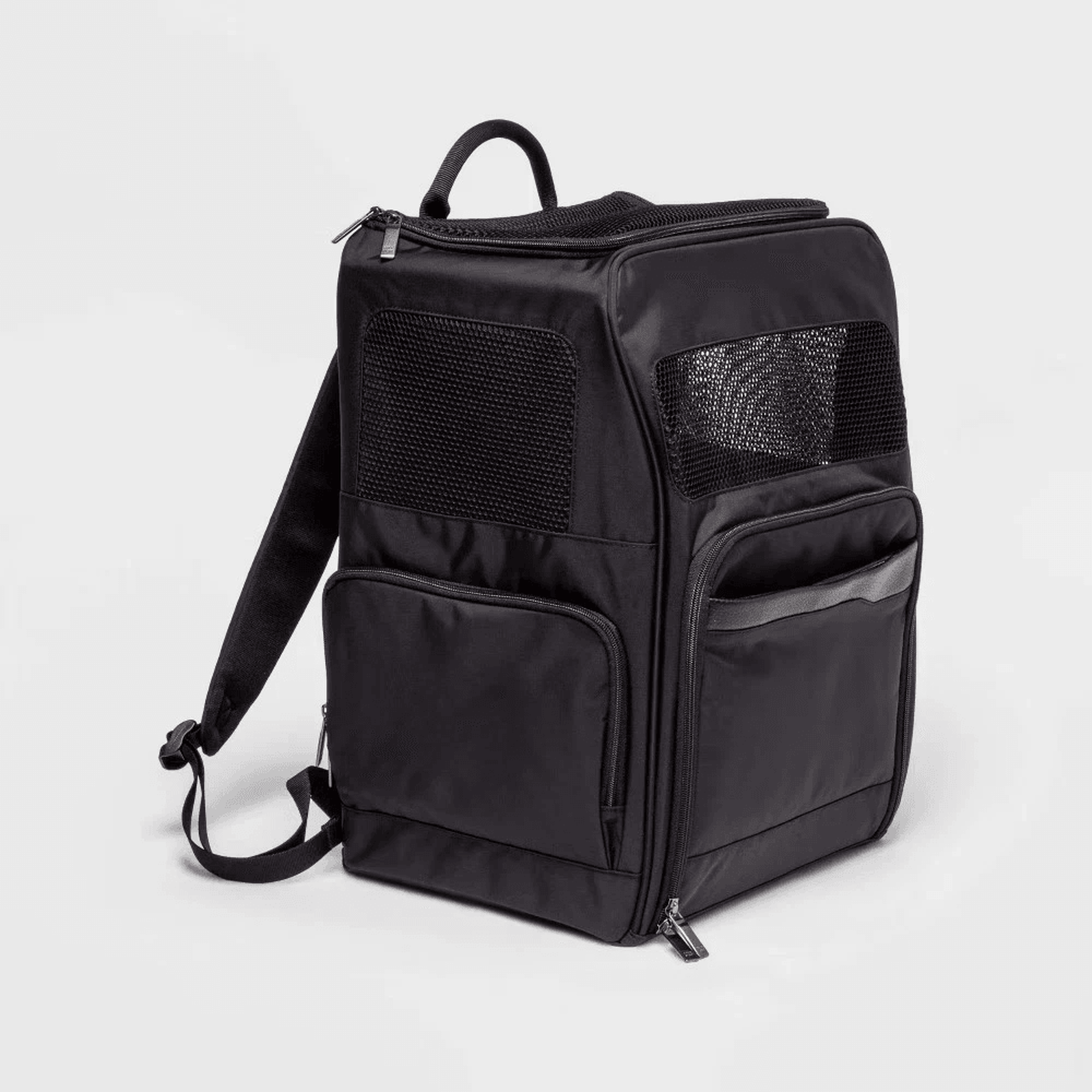 black signature pet dog carrier backpack by open story, softside duffel with adjustable strap, convenient trolley sleeve