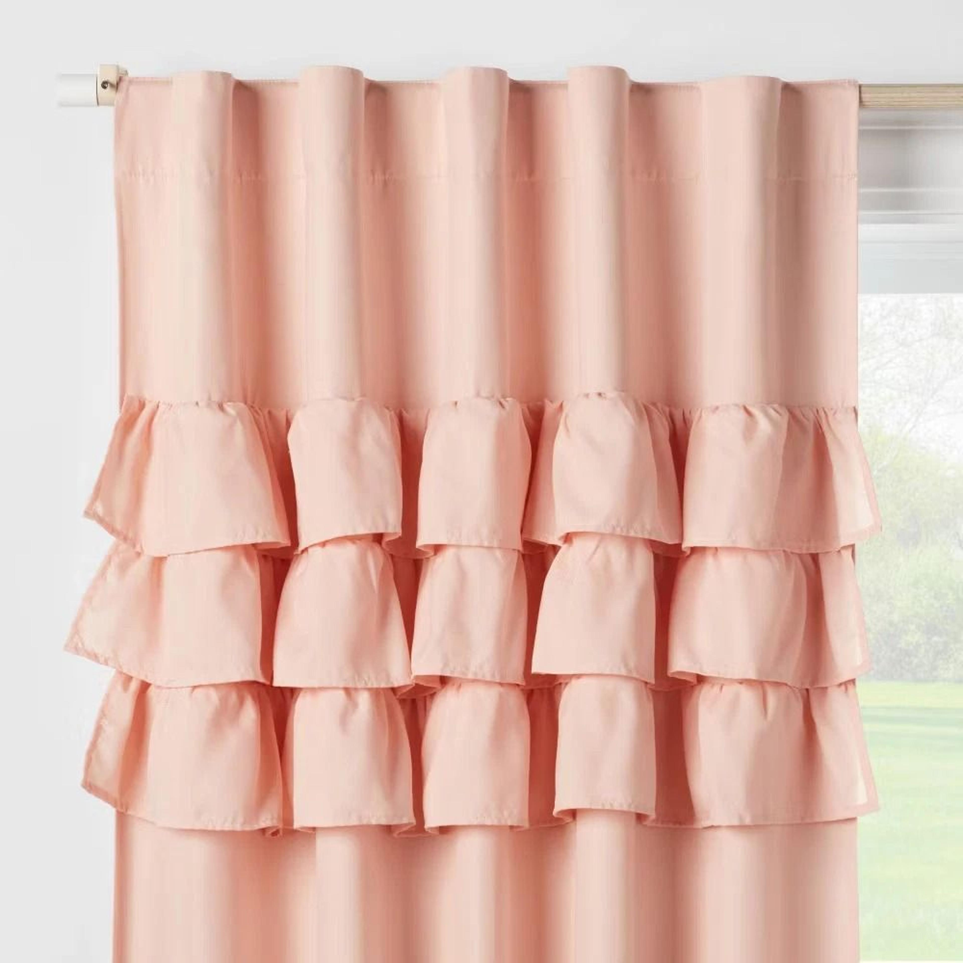 pink ruffle blackout curtain panel, pillowfort, noise reduction, uv protection, energy efficient