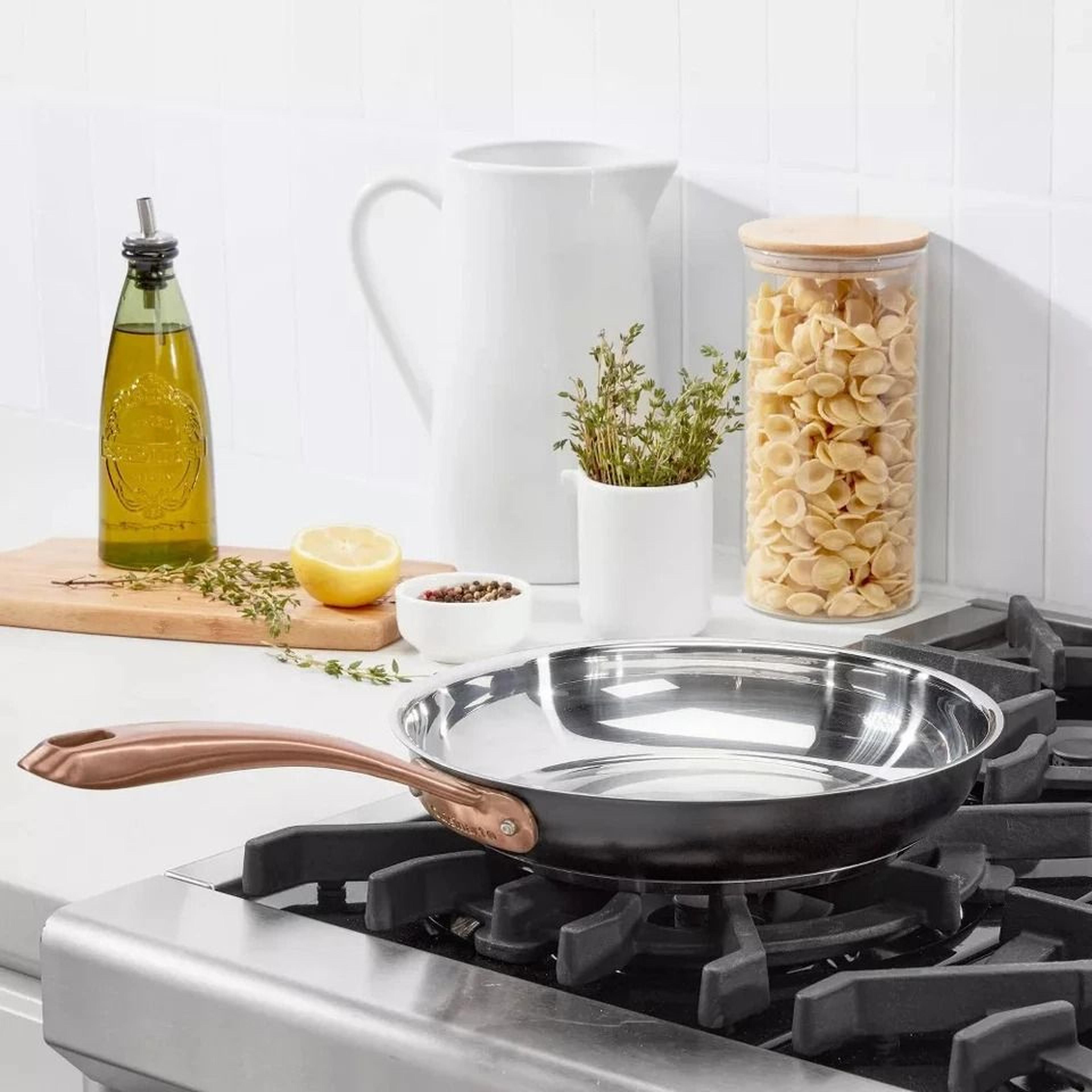 matte black skillet stainless with blush bronze handle, high-impact bonded base, dishwasher safe, induction ready