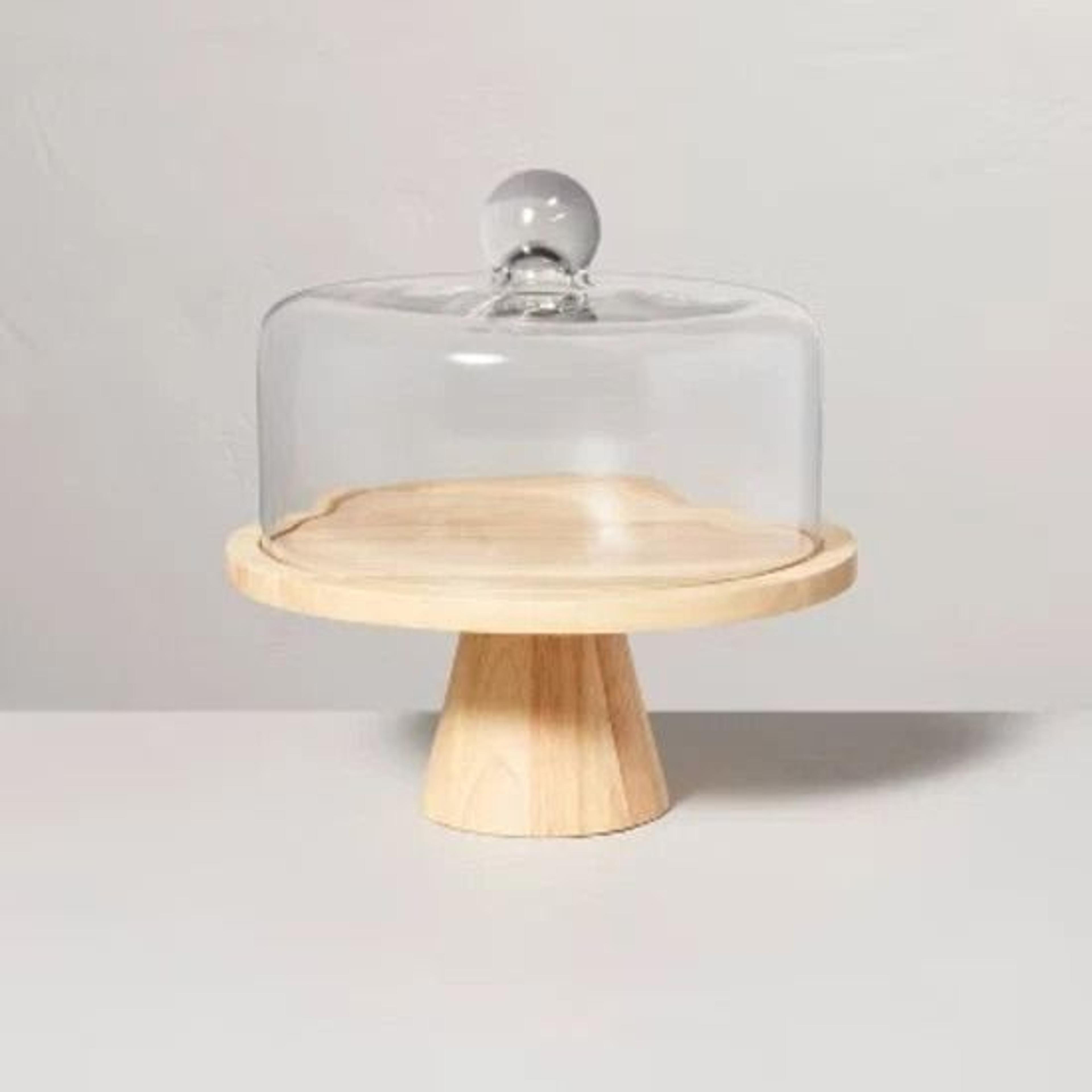 hearth & hand with magnolia wooden cake stand, glass cloche , elegant round dessert stand