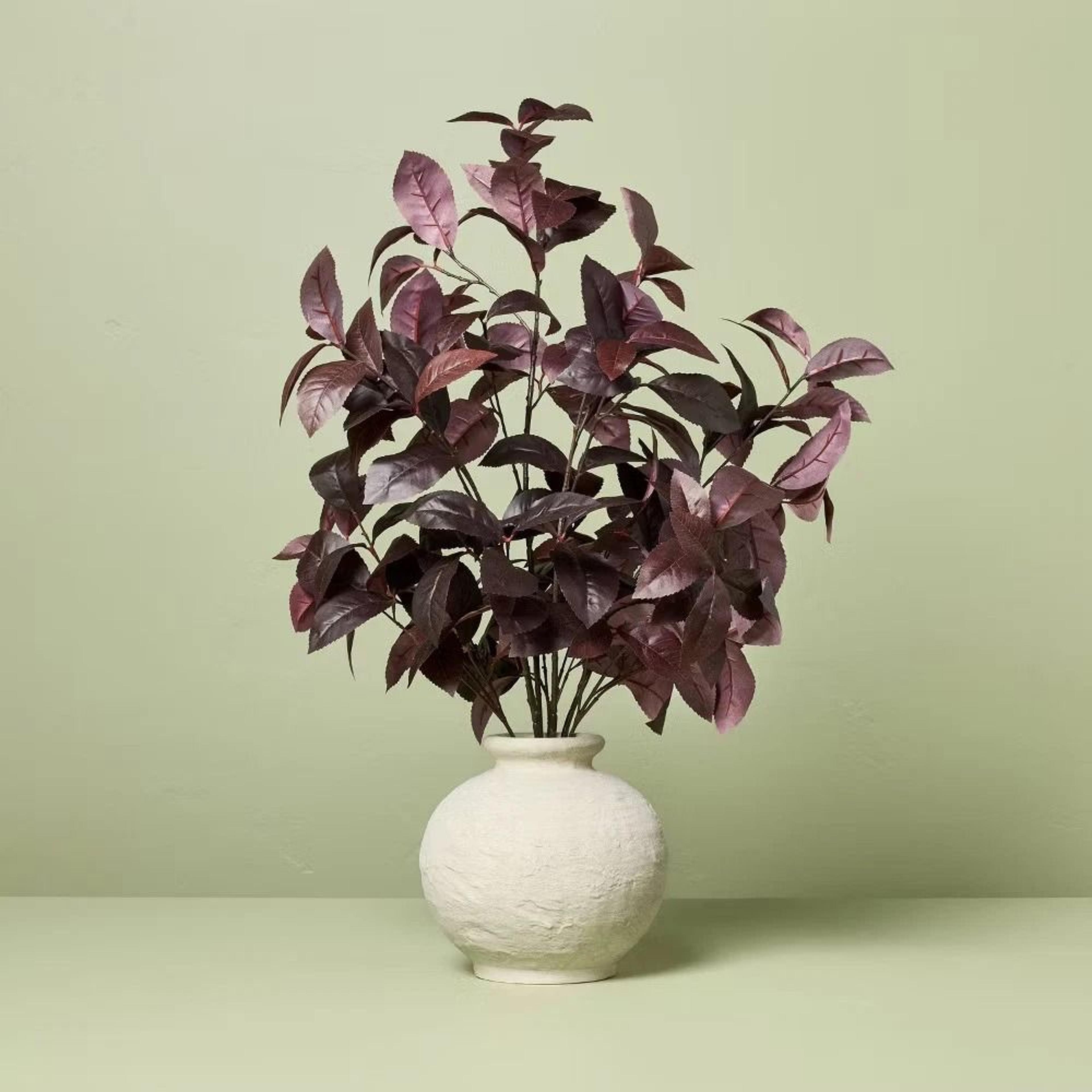hearth & hand with magnolia, black plum leaf artificial fall arrangement, faux plant, white ceramic container