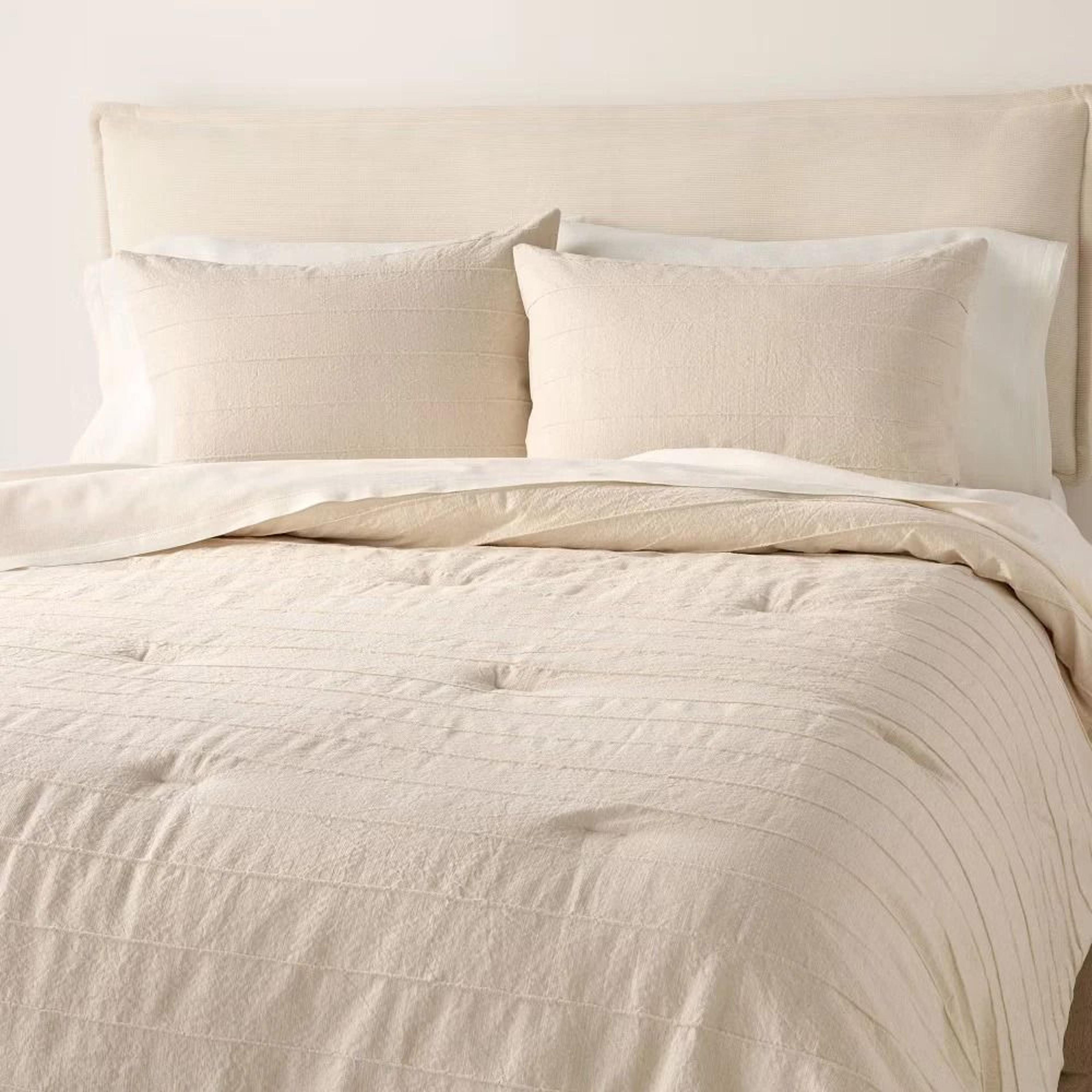 hearth & hand with magnolia full/queen stitch stripe comforter tan, jacquard woven cotton linen blend