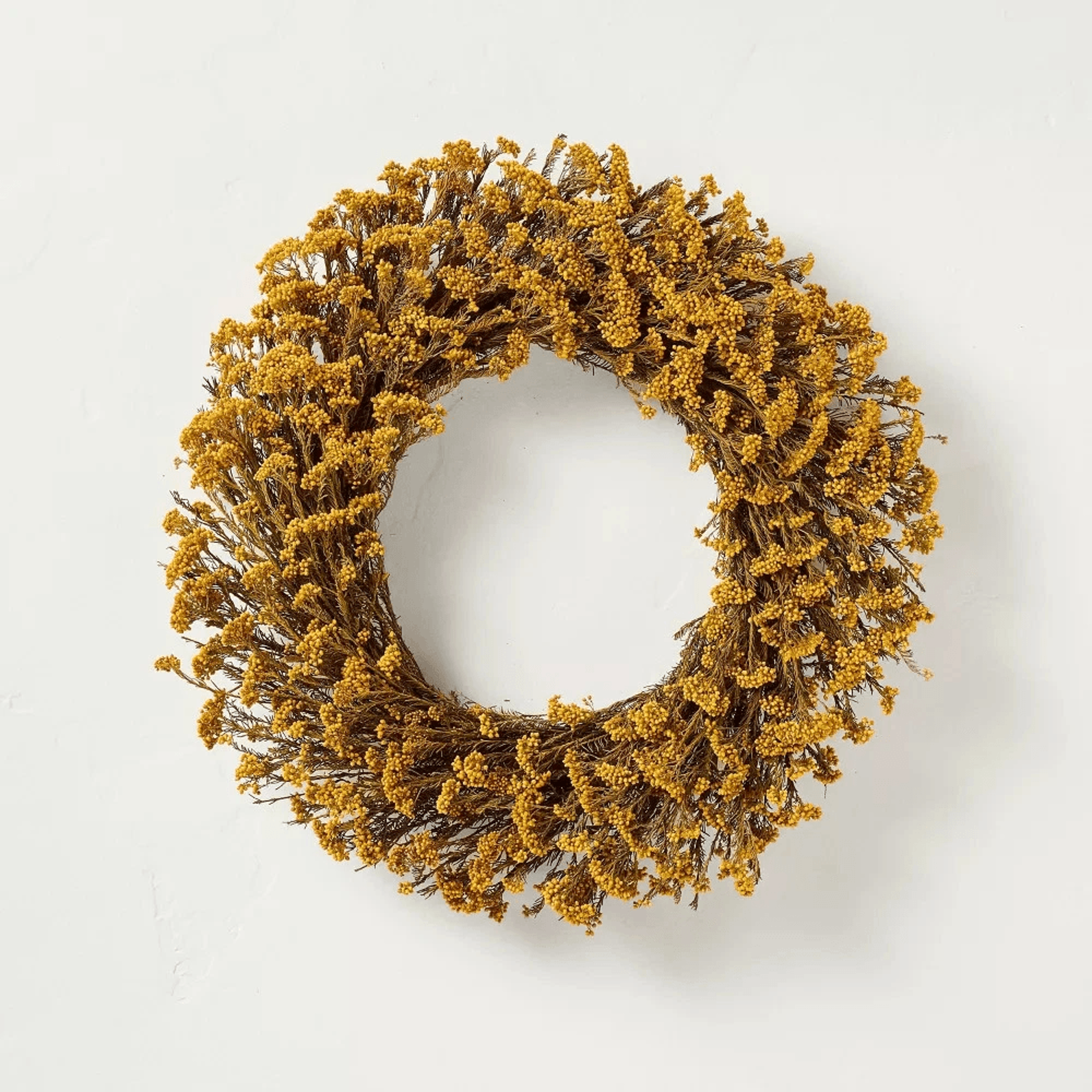 golden yarrow fall wreath, hearth & hand with magnolia, faux dried flowers, indoor wall decor