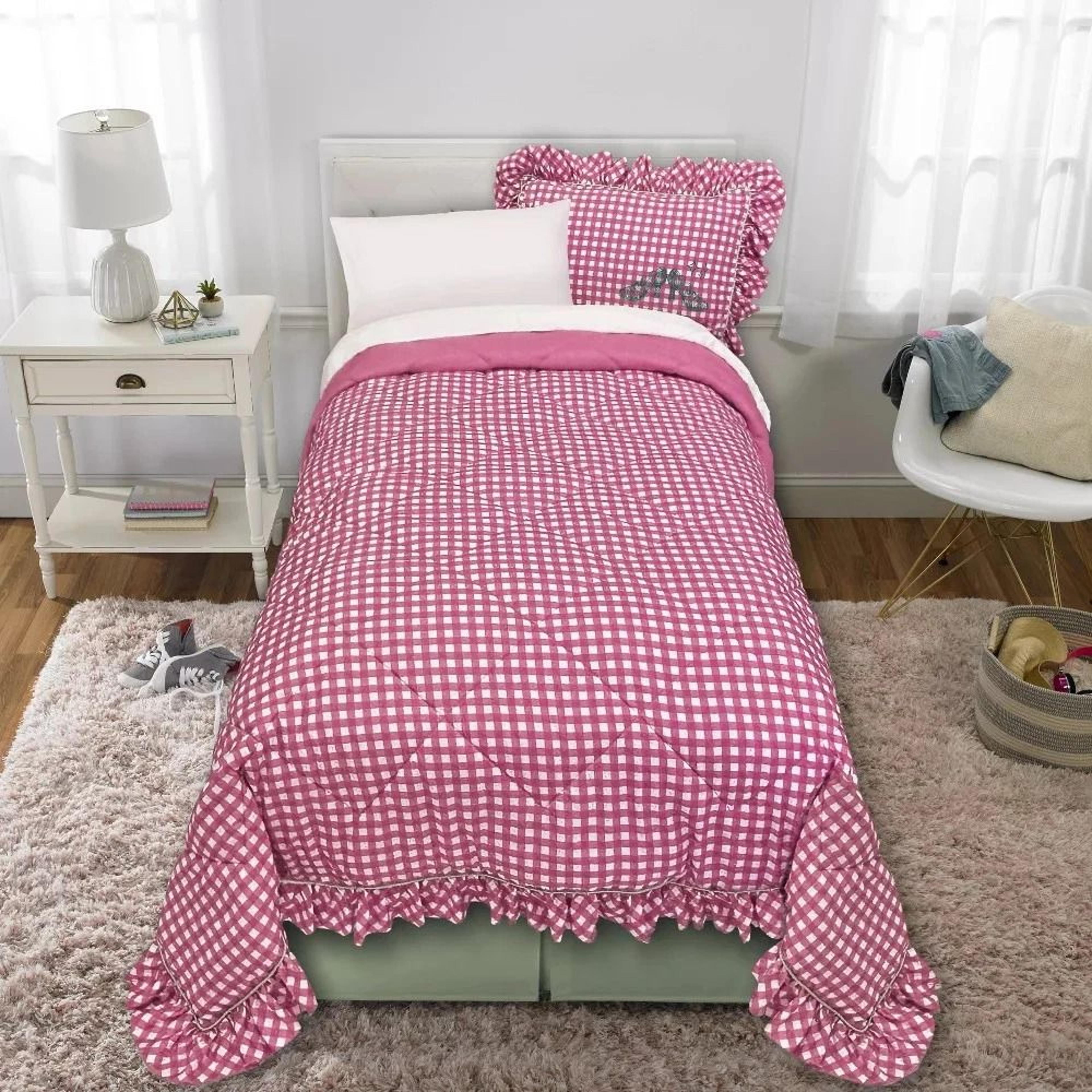 pink gingham twin comforter , wicked for good inspired design, ruffled edges