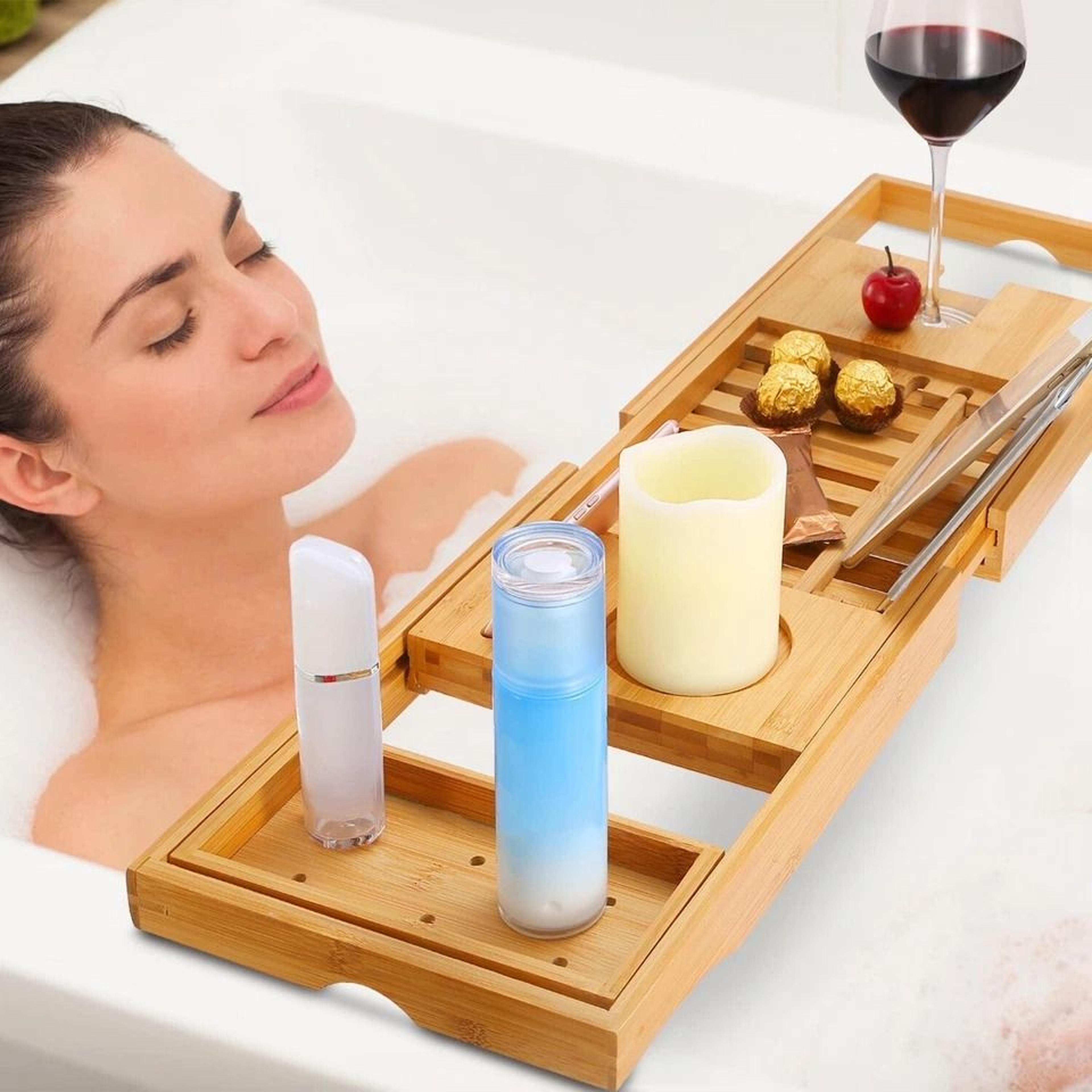 bamboo bath tray, extendable tub caddy, tray over the tub, bath shelf with wine glass holder, desk bath holder
