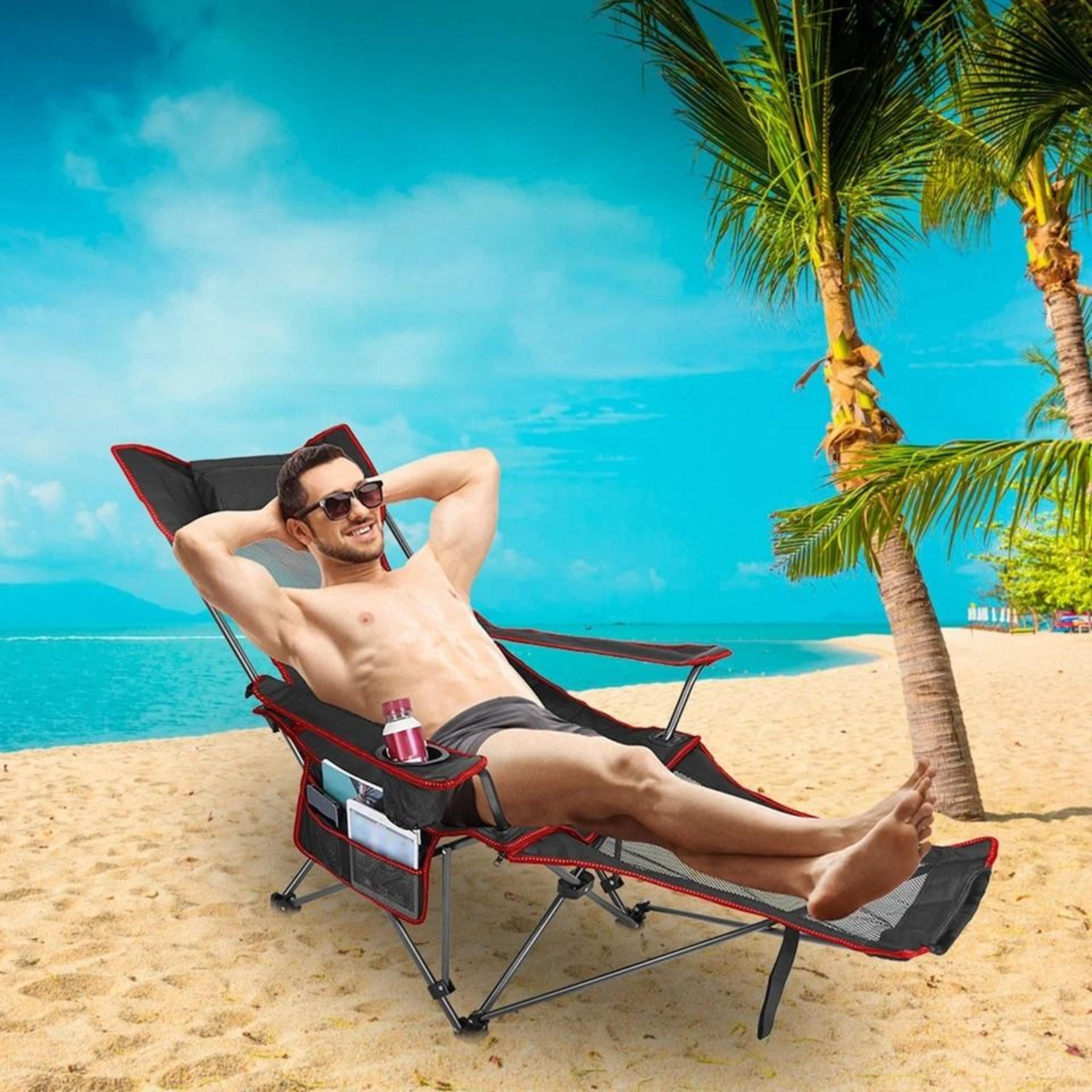 heavy duty steel camping lounge chair, foldable with reclining backrest, load capacity