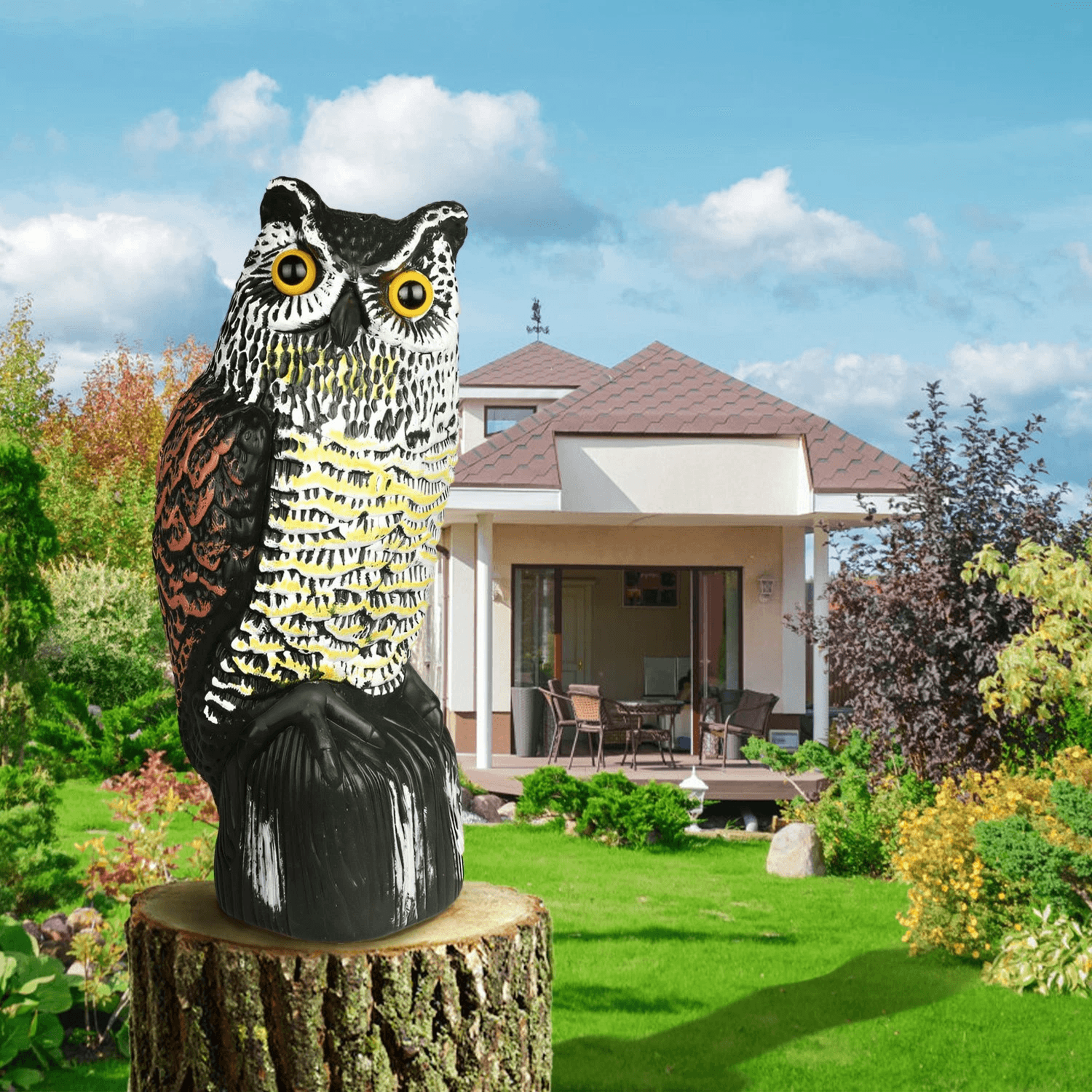 solar powered fake owl scarecrow w/flashing eye & sound, garden outdoor bird repellent