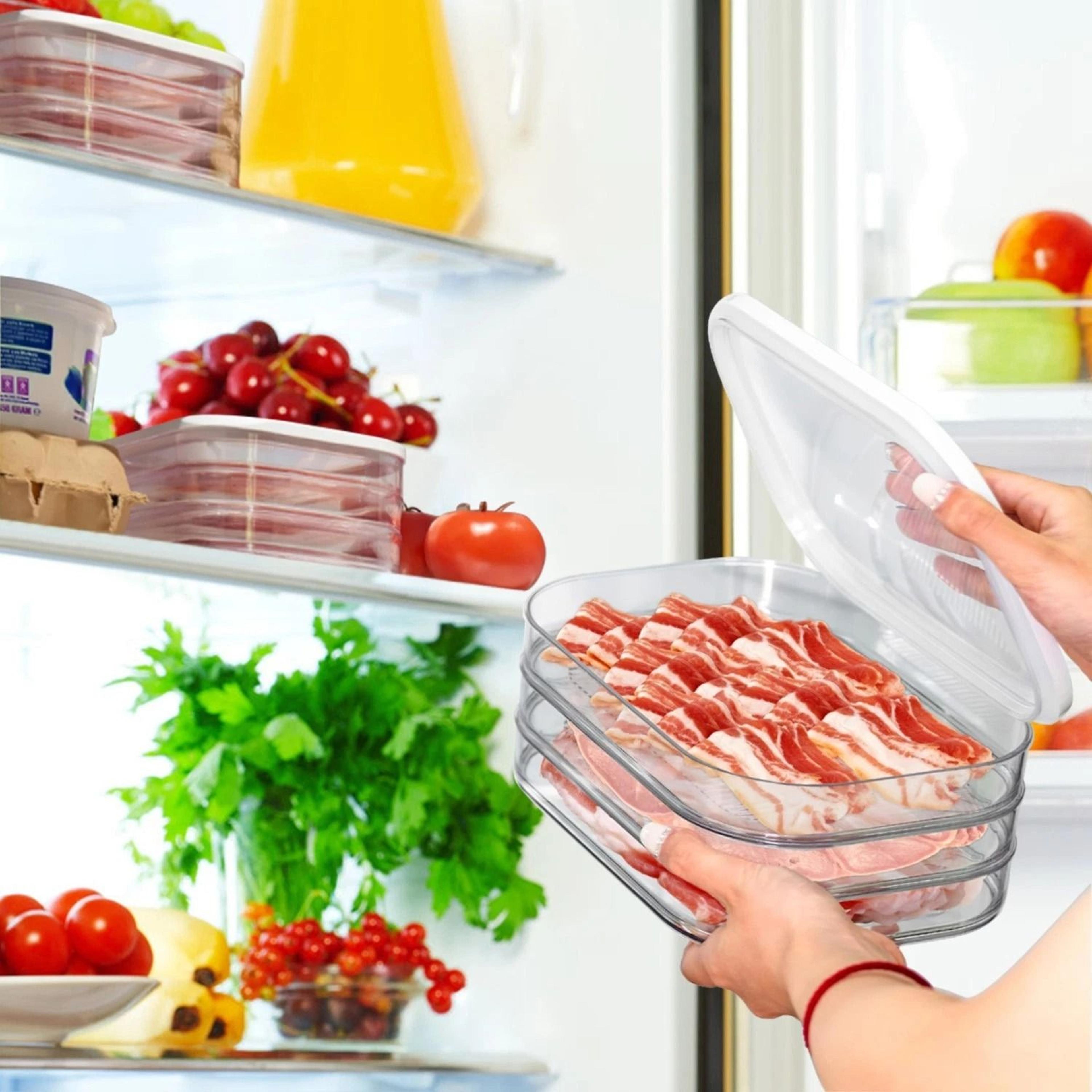 stackable clear food storage box, deli meat bin fridge bacon container, ideal for fridge organization