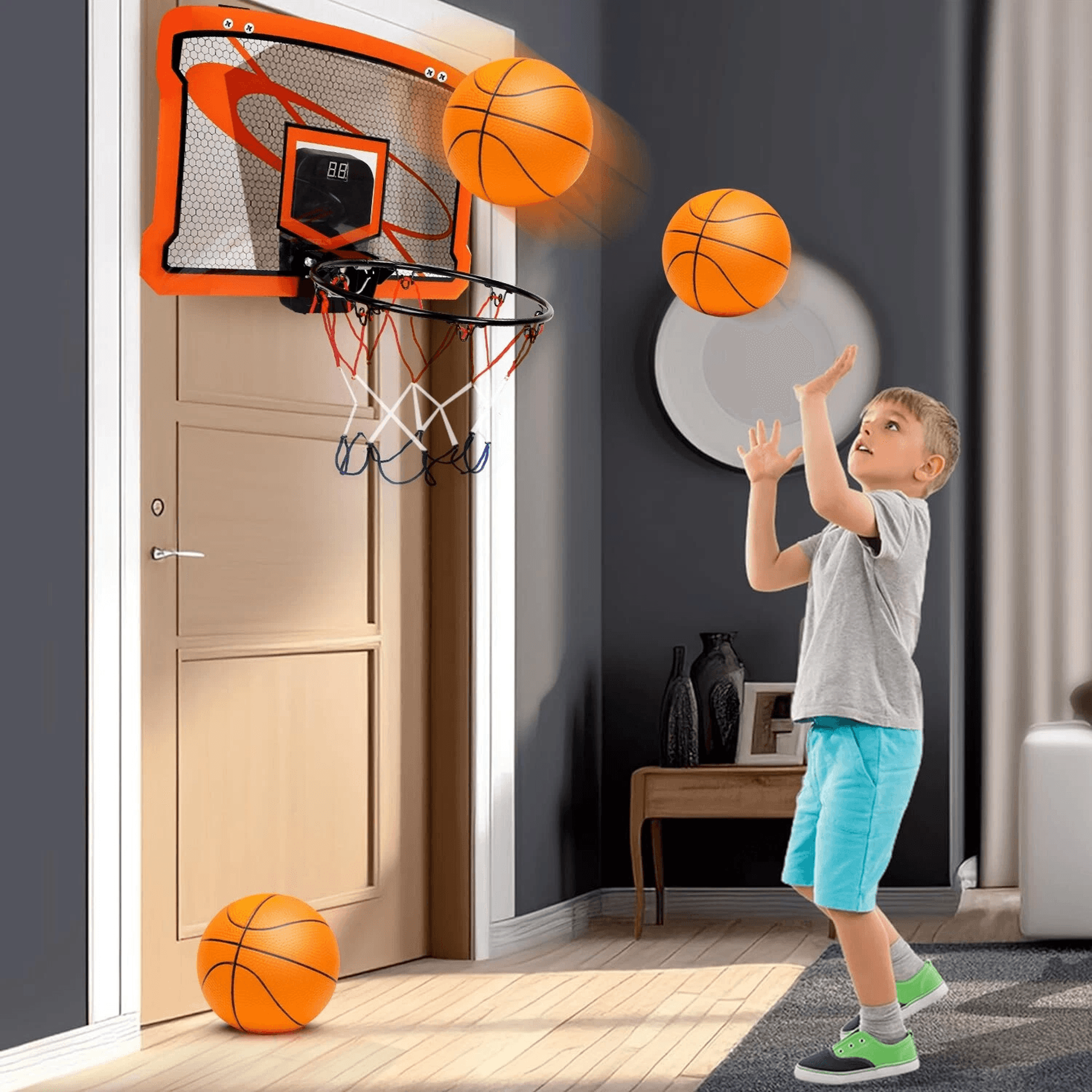 kids basketball hoop set with electric scorer, over door basketball hoop w/4 balls for active fun and easy play