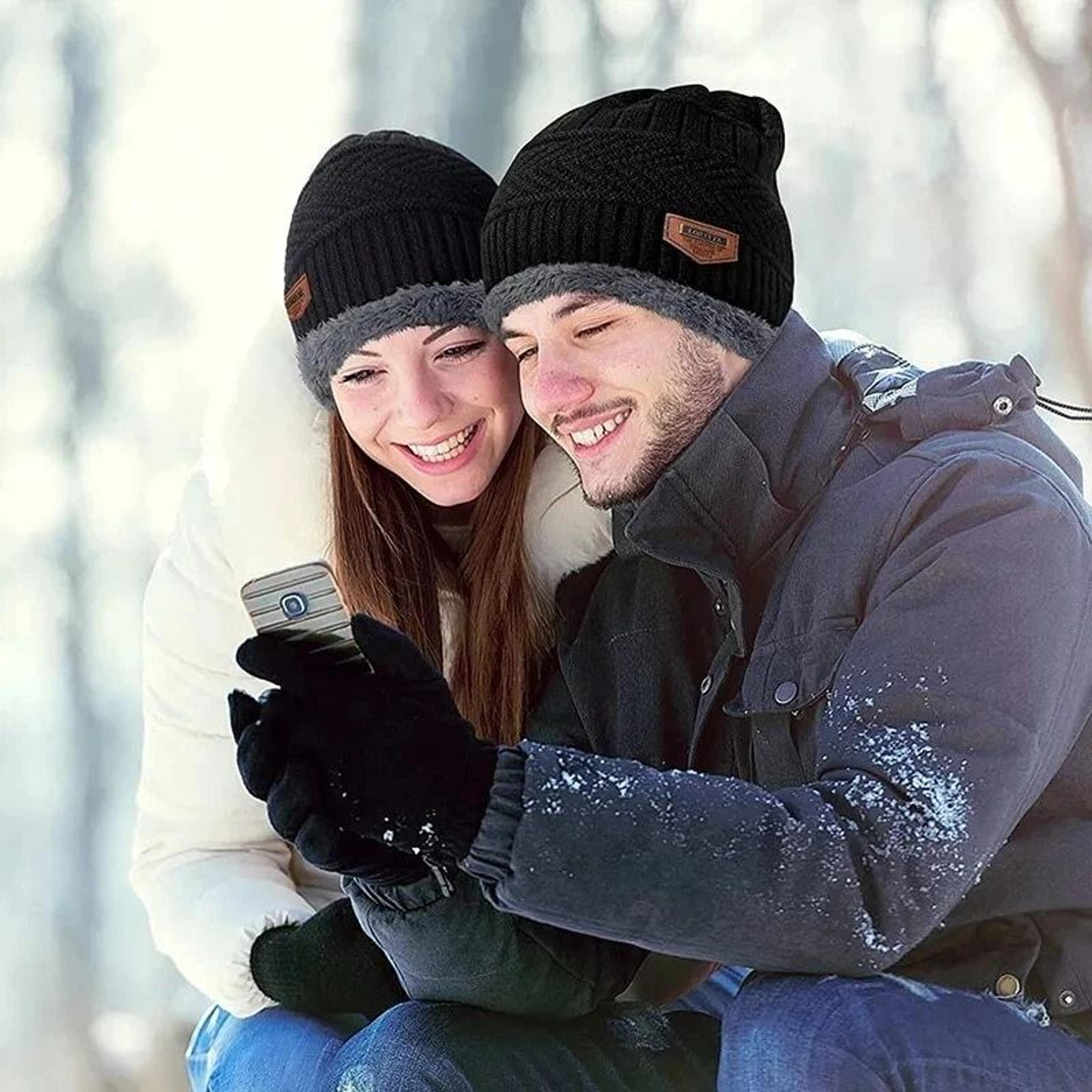 winter beanie hat and scarf set for mens womens, warm knit hat, thick fleece lined cap