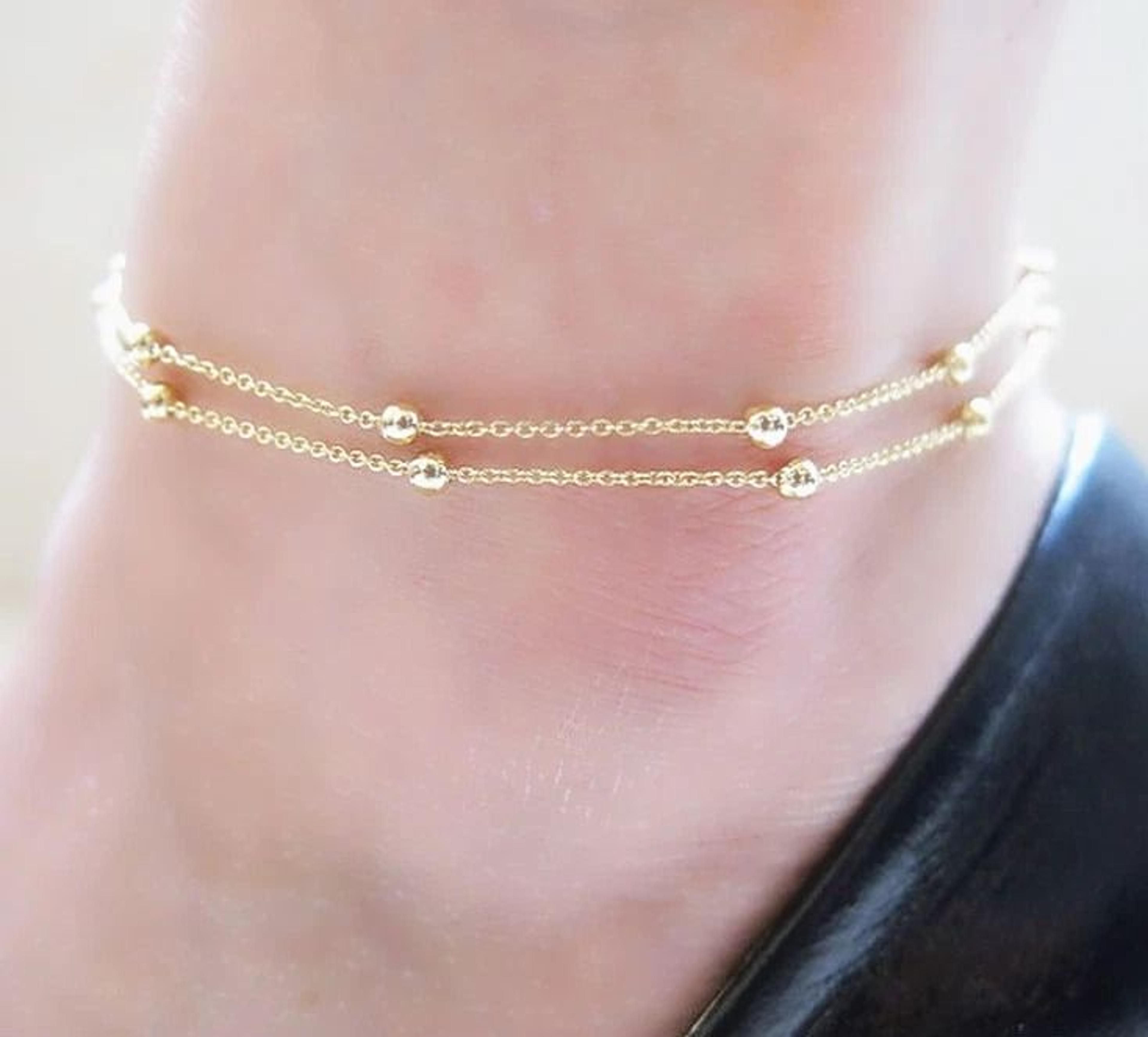 elegant gold silver anklet, double layer beads foot chain, trendy ankle bracelet for women