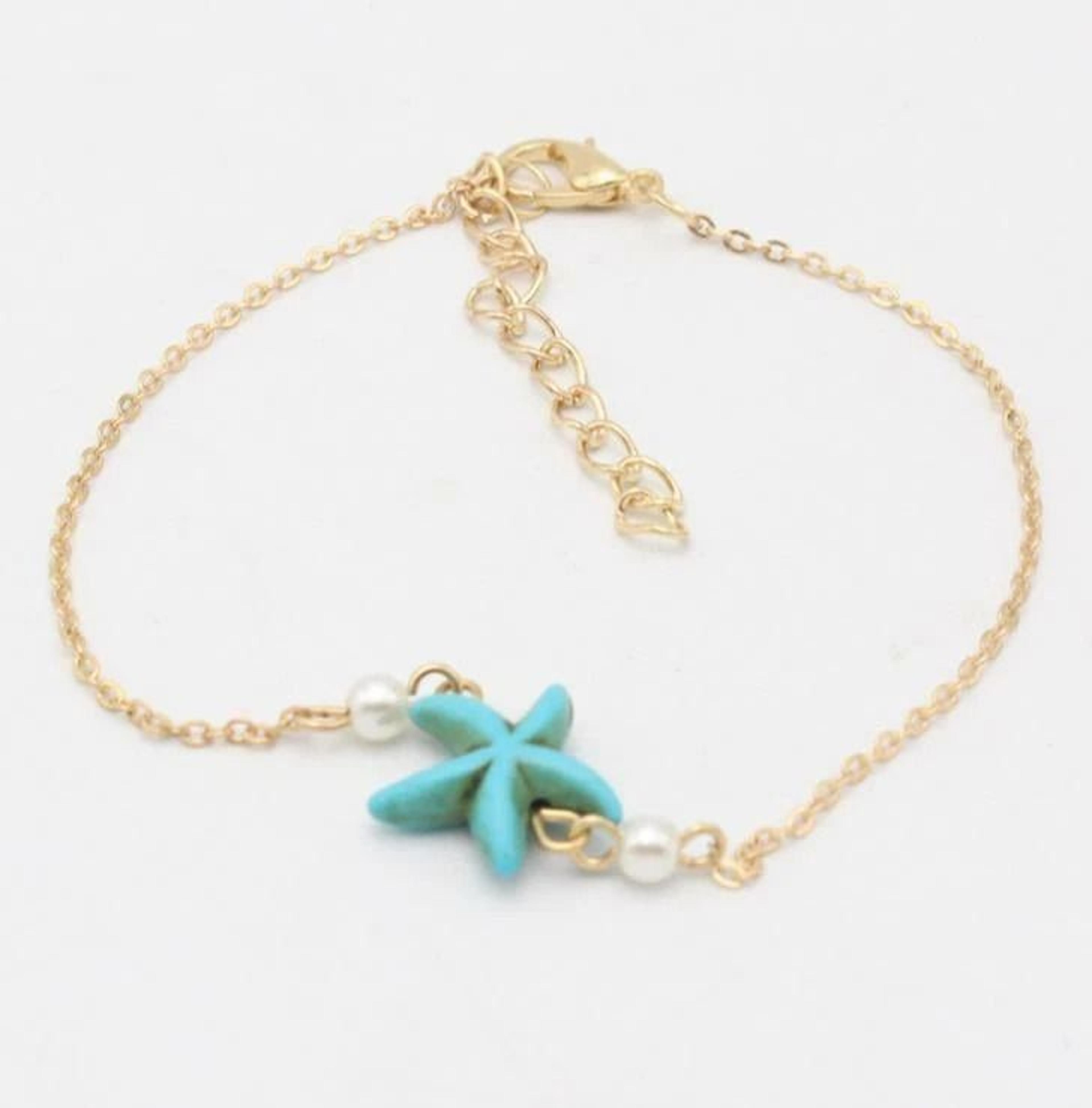 gold anklet foot chain, boho blue starfish beach ankle bracelet